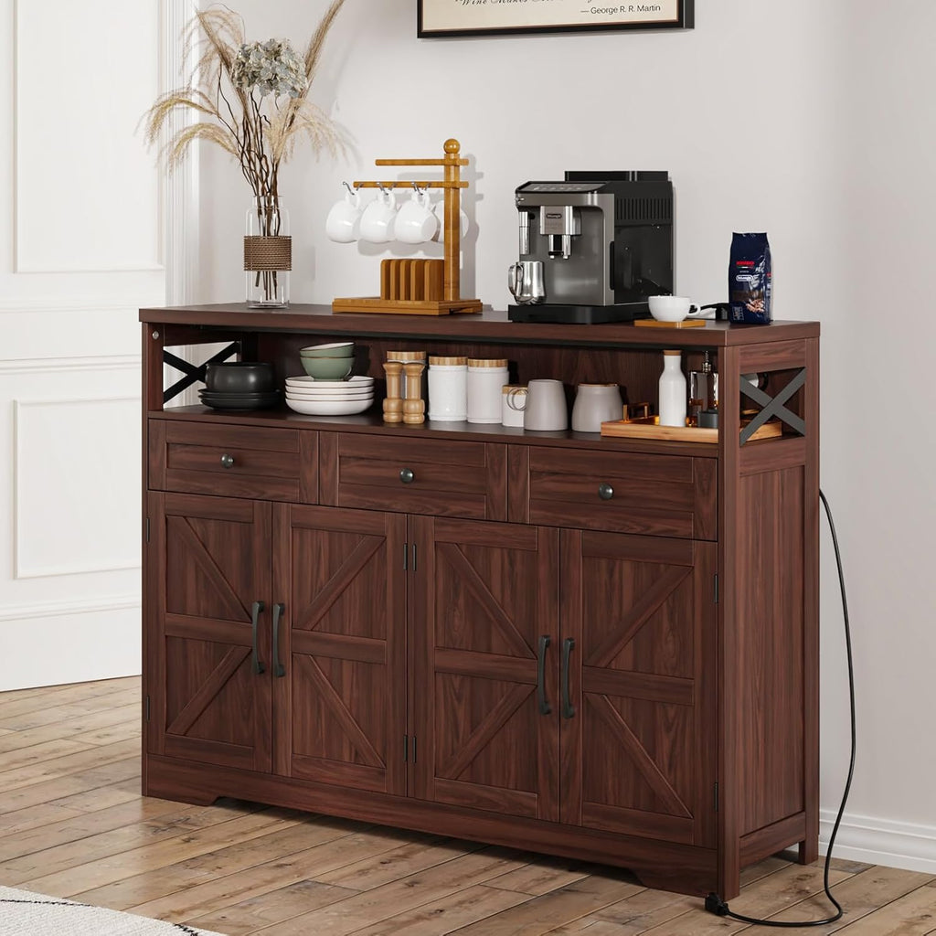 51' Dark Brown Buffet Sideboard Cabinet, Farmhouse Storage Cabinet Kitchen Pantry with Shelf and Drawers, Wood Cupboard Hutch Cabinet, Coffee Bar Station Table for Kitchen, Living Room, Dining Room