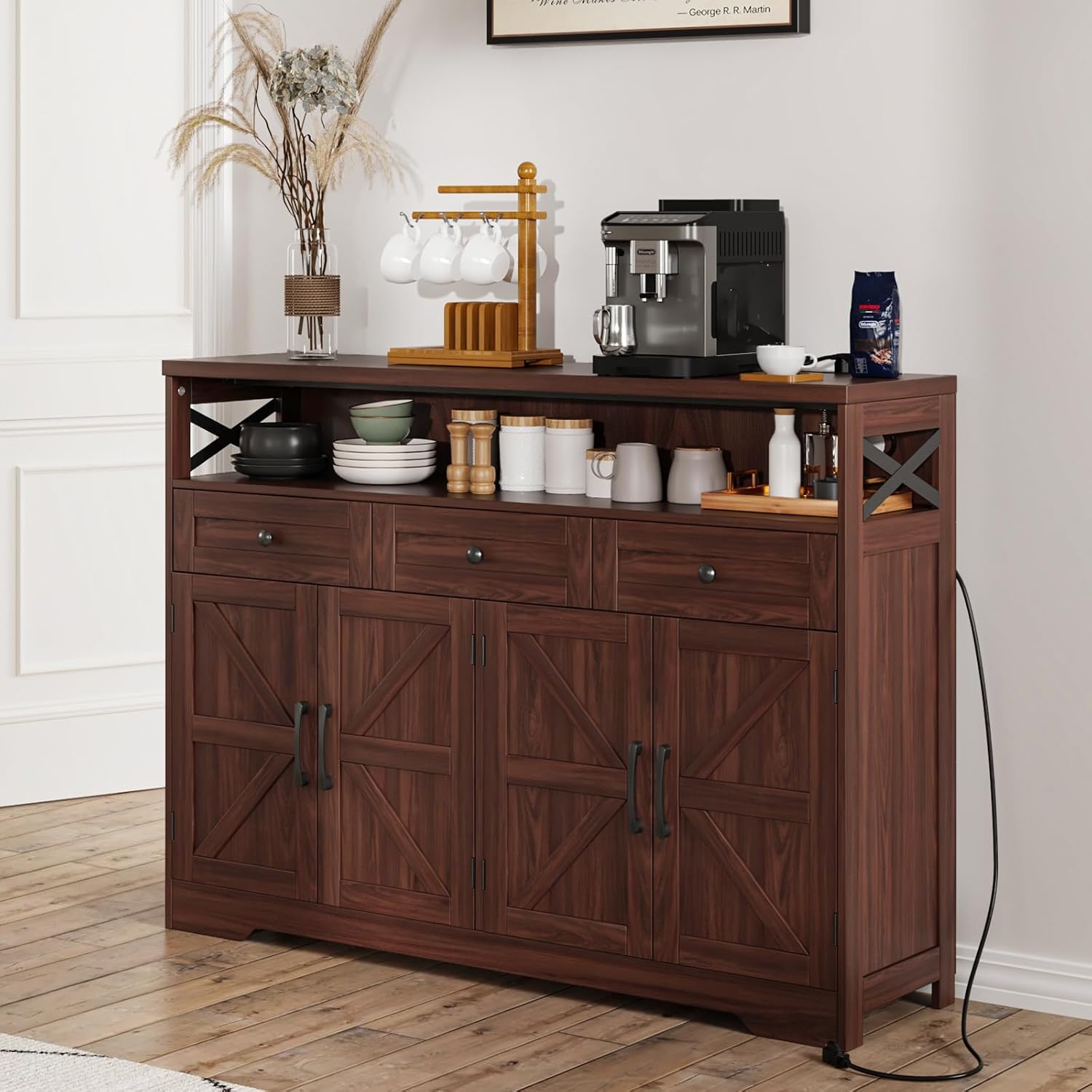 51' Dark Brown Buffet Sideboard Cabinet, Farmhouse Storage Cabinet Kitchen Pantry with Shelf and Drawers, Wood Cupboard Hutch Cabinet, Coffee Bar Station Table for Kitchen, Living Room, Dining Room