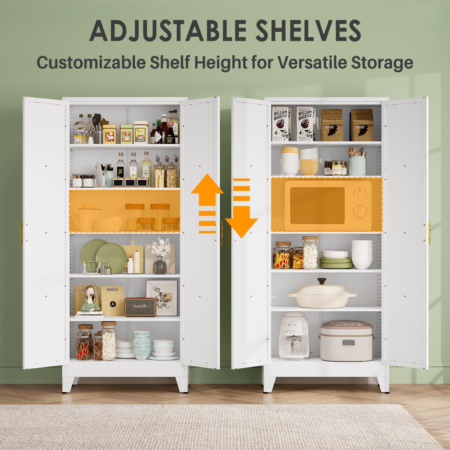 75' Tall Metal Kitchen Pantry Storage Cabinet with 2 Doors and 5 Adjustable Shelves, White Food Freestanding Cupboard for Kitchen, Dining Room, Bathroom and Garage (White)