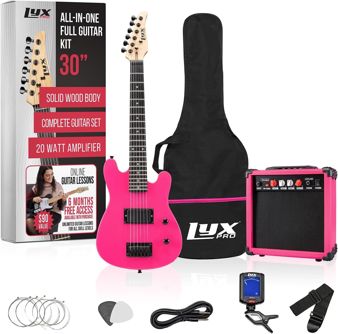 LyxPro 30 Inch Electric Guitar and Starter Kit for Kids with 3/4 Size Beginner's Guitar, Amp, Six Strings, Two Picks, Shoulder Strap, Digital Clip On Tuner, Guitar Cable and Soft Case Gig Bag - Pink