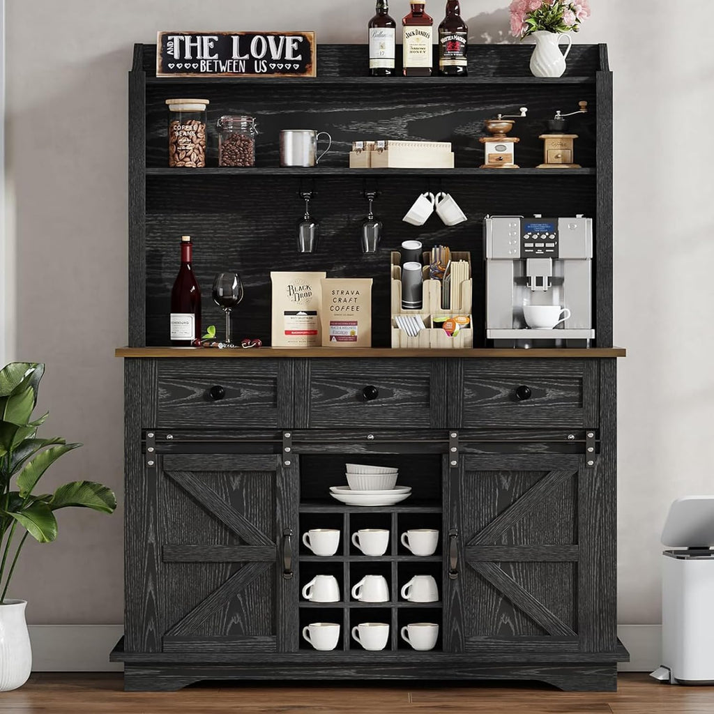 REVOMINCA 63 Inch Tall Coffee Bar Cabinet with 3-Tier, Kitchen Hutch with 3 Large Drawers, Farmhouse Coffee Bar with 9 Wine Racks & 3 Glass Holders, Wine Storage Cabinet for Living Dining Room, Black