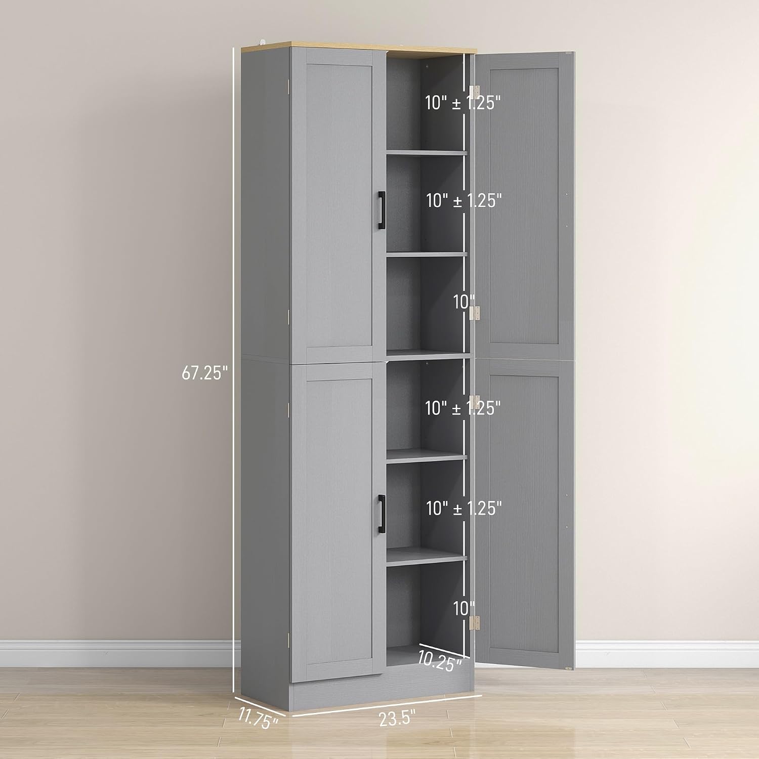 HOMCOM 67' Freestanding Kitchen Pantry, 4-Door Storage Cabinet Organizer with Adjustable Shelves, Kitchen Cabinet with Doors and Shelves, Distressed Gray
