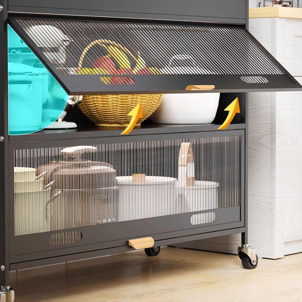 Metal Kitchen Storage Cabinet with Drawers, Pegboard Hooks & Flip Doors, Microwave Stand for Home & Office, Stylish Black, 80cm & 100cm Options, Bakers Rack Organizer