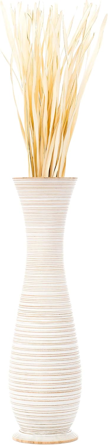 Leewadee Large White Wash Home Decor Floor Vase – Wooden 36 inches Tall Farmhouse Decor Flower Holder for Fake Plant and Pampas Grass
