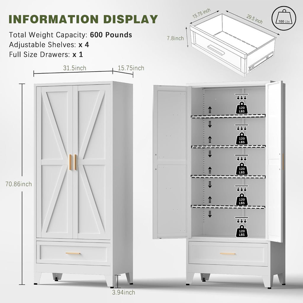 COFaR Metal Storage Cabinet, Farmhouse Storage Cabinet with 2 Doors and 4 Adjustable Shelves - 71' White Kitchen Pantry Storage 5-Tier Tall Steel Cabinets Locker for Kitchen, Living Room, Dining Room