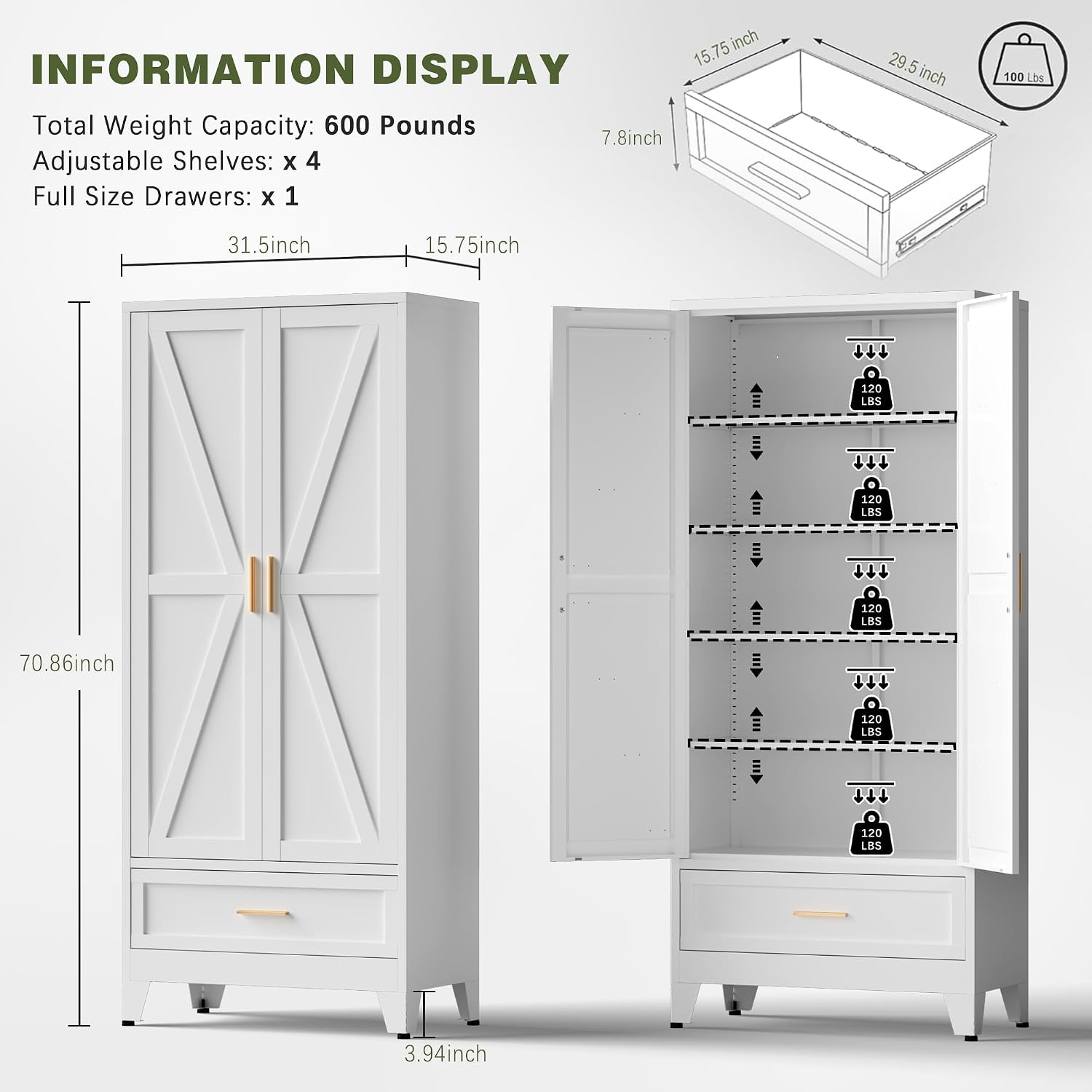 COFaR Metal Storage Cabinet, Farmhouse Storage Cabinet with 2 Doors and 4 Adjustable Shelves - 71' White Kitchen Pantry Storage 5-Tier Tall Steel Cabinets Locker for Kitchen, Living Room, Dining Room