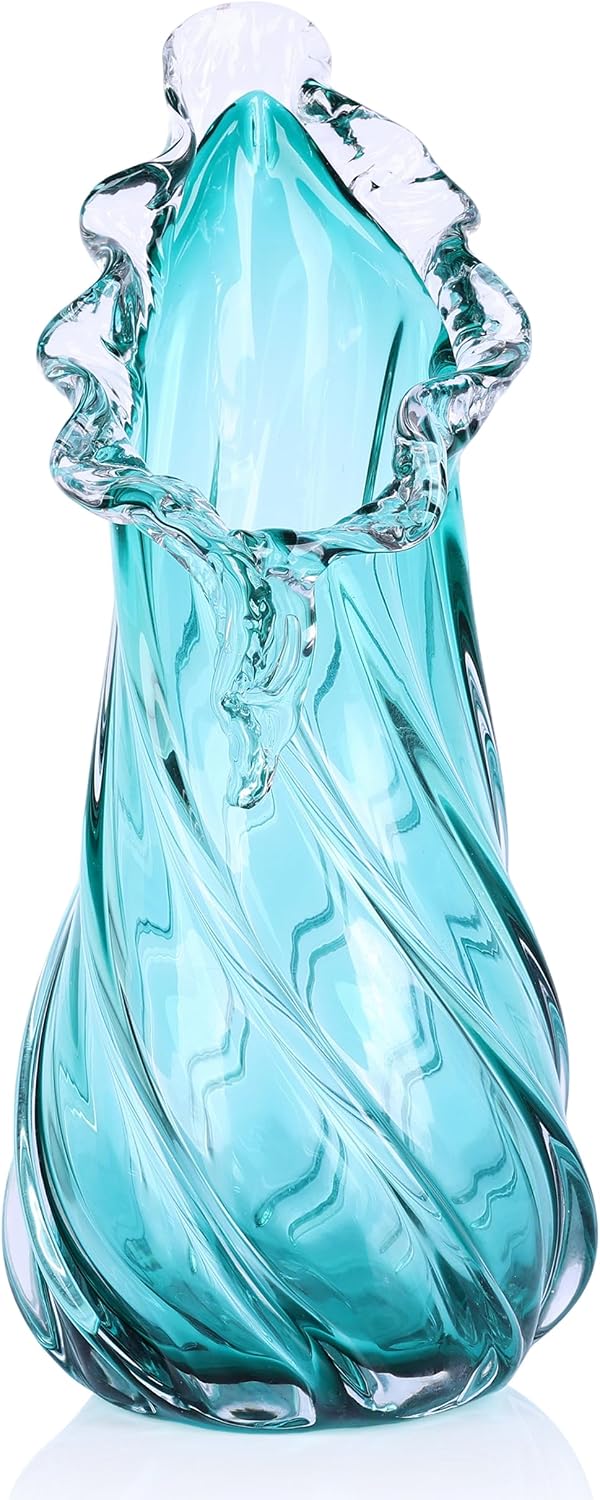 Hand Blown Blue Large Glass Vase Set - Artistic Clear Blue Vase for Coastal & Modern Home Decor, Ocean Wave Vase Design Light Luxury Style for Home Decor, Centerpiece, Office (L)
