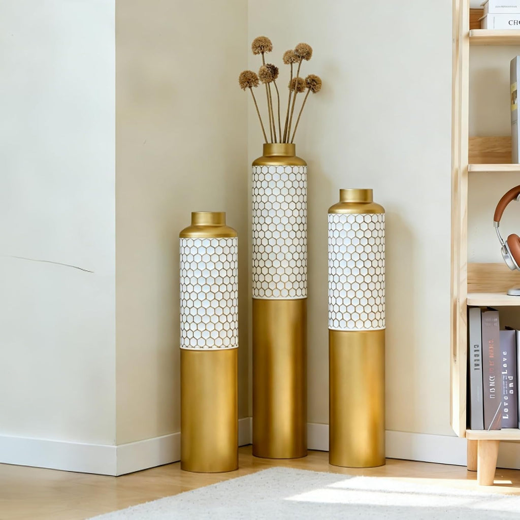 Modern Metal Standing Vase Set of 3, Gold & White Hexagon Pattern Floor Vases，Modern Glam Home Decor for Living Room, Entryway, Hallway (White&Gold - 32.6'/ 28.34'/ 24' Height)