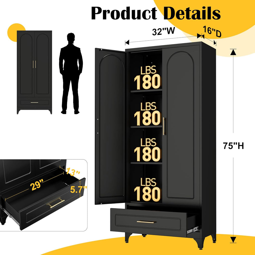 SteeLoong Metal Storage Cabinet with Drawers,75Inch Black Pantry Cabinets for Kitchen Storage with 3 Adjustable Shelves,Tall Kitchen Pantry Cabinet for Living Room, Dining Room，Office