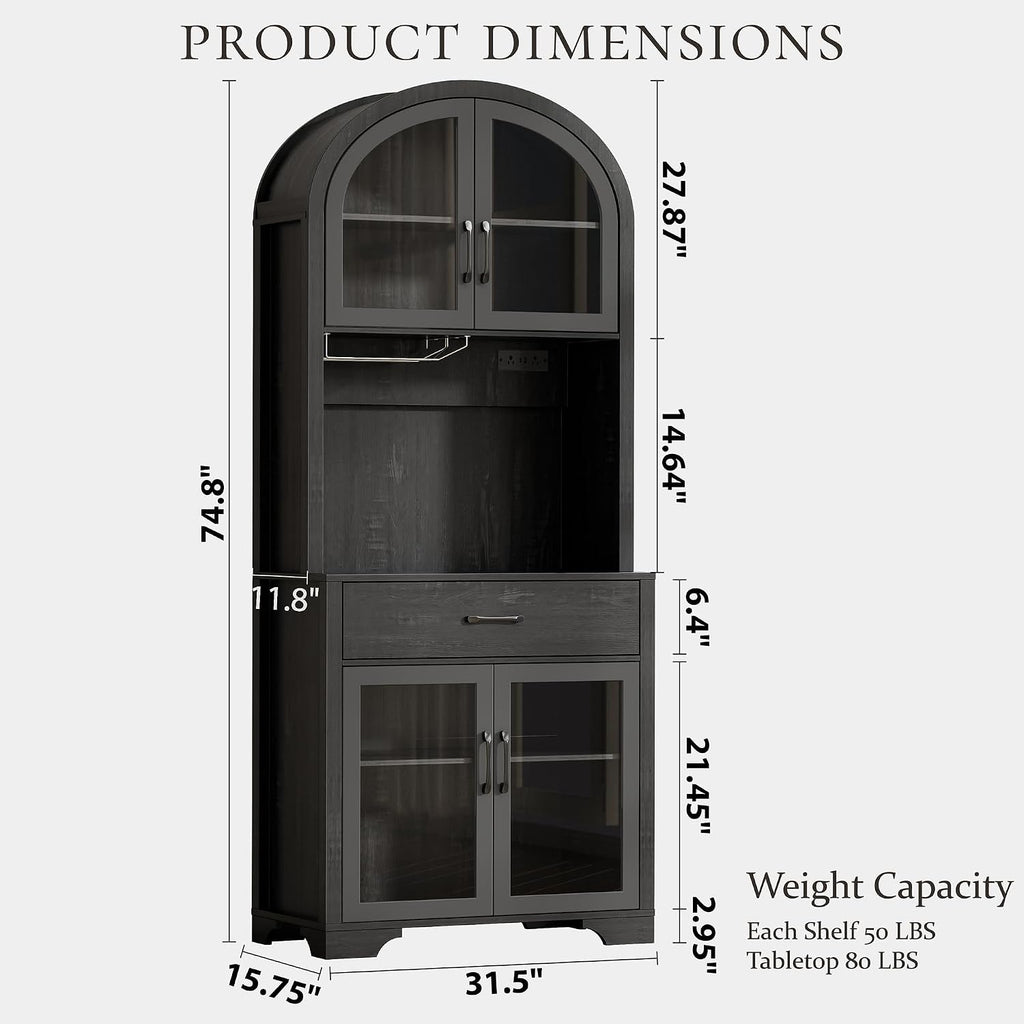 75' Tall Arched Pantry Cabinet with Charging Station & LED Light, Kitchen Pantry Cabinet with Microwave Stand, Drawers and Adjustable Shelf, Coffee Bar Liquor Cabinet for Dining Room
