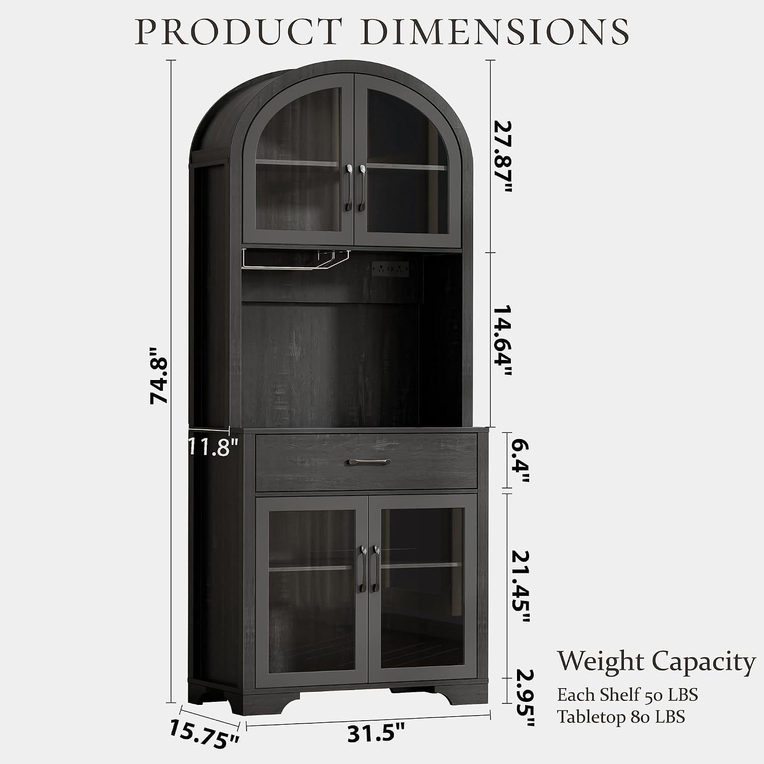75' Tall Arched Pantry Cabinet with Charging Station & LED Light, Kitchen Pantry Cabinet with Microwave Stand, Drawers and Adjustable Shelf, Coffee Bar Liquor Cabinet for Dining Room