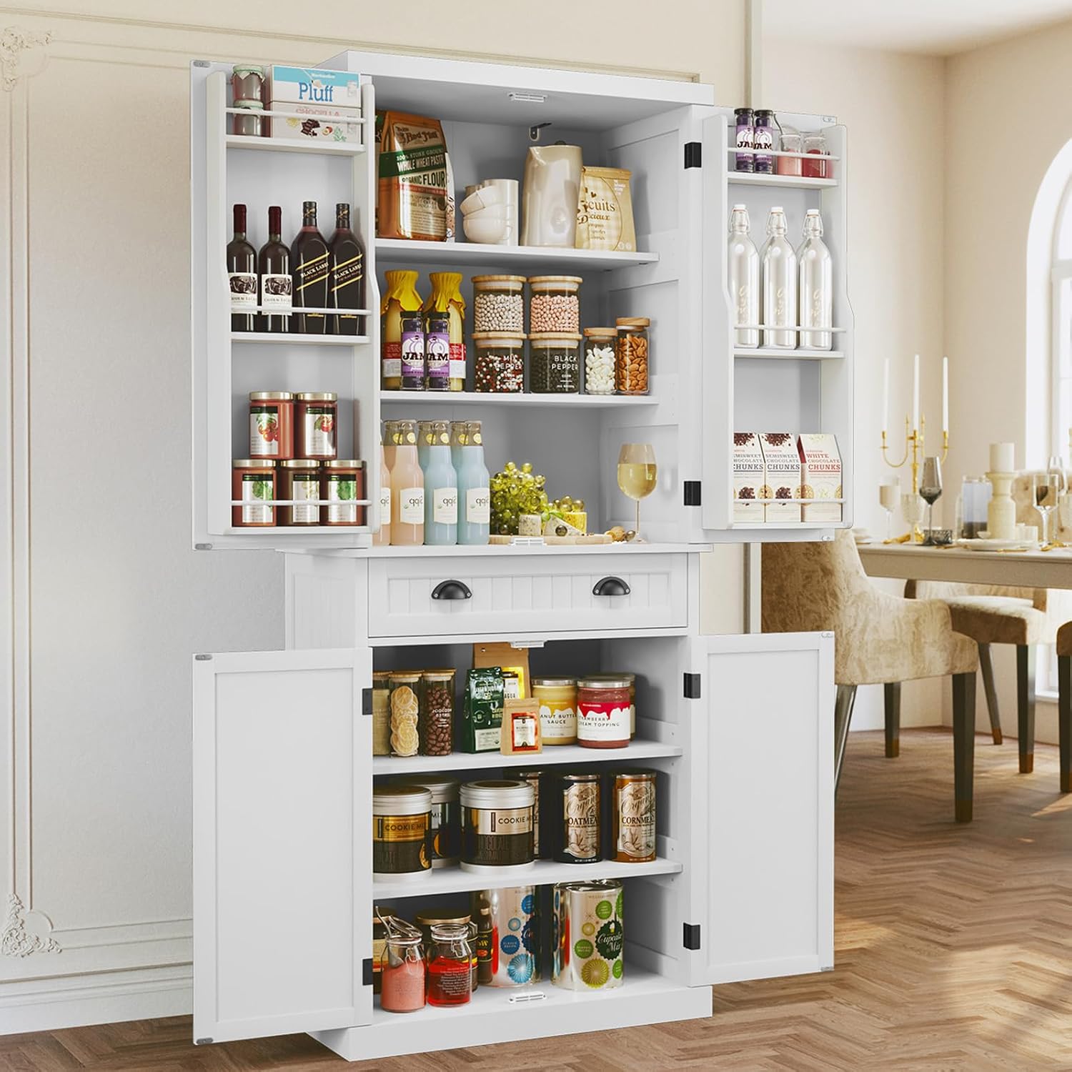 ARTPOWER 72' Pantry Storage Cabinet with Drawer, Freestanding Tall Cupboard Storage Cabinet, Utility Pantry with Door Shelves and 2 Adjustable Shelves for Kitchen, Dining Room,Living Room, White
