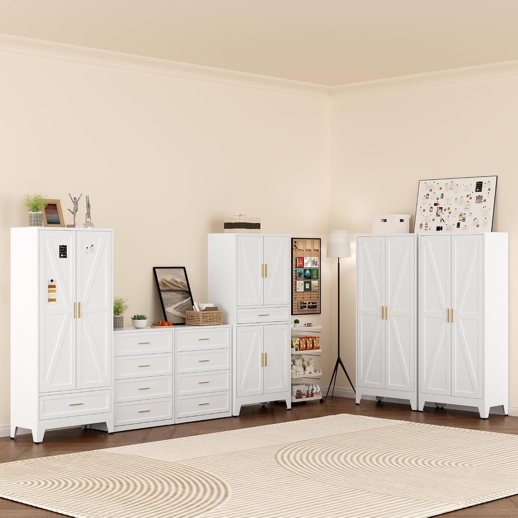COFaR Metal Storage Cabinet, Farmhouse Storage Cabinet with 2 Doors and 4 Adjustable Shelves - 71' White Kitchen Pantry Storage 5-Tier Tall Steel Cabinets Locker for Kitchen, Living Room, Dining Room
