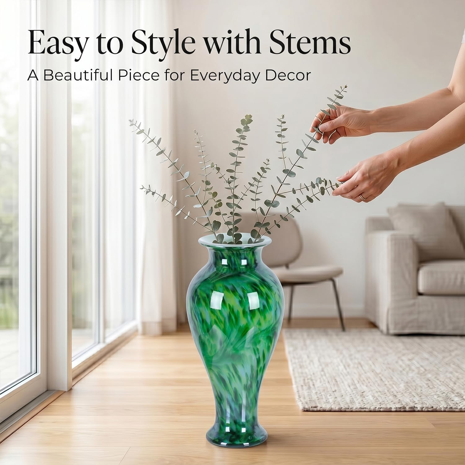 20' Tall Green Glass Vase Hand Blown Large Floor Glass Vase Home Decor, Pretty Modern Dark Green Flowers Vases, Jarrones Grandes para Sala Elegantes, Large Vases for Living Room Wedding Decor