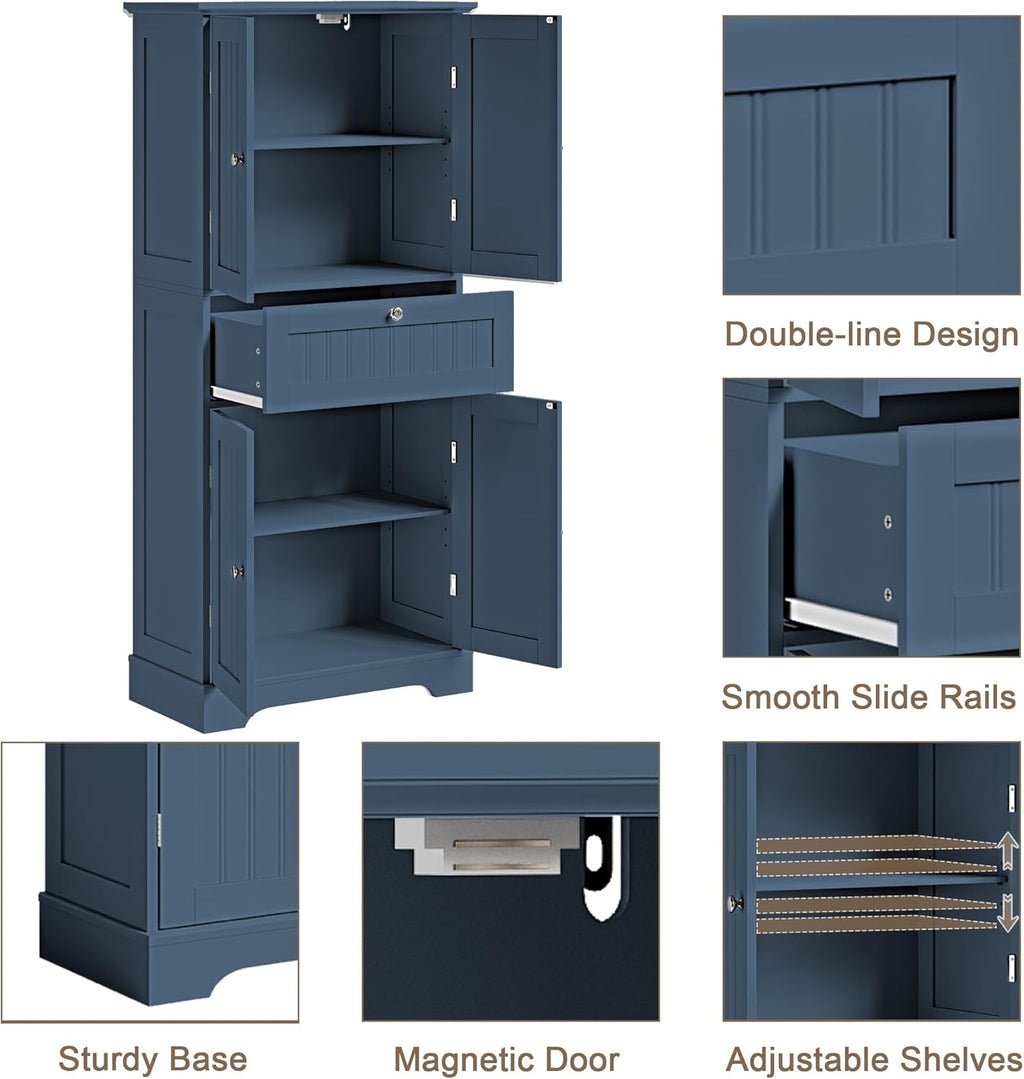 ChooChoo 51' H Tall Bathroom Floor Cabinet, Modern Bathroom Storage Cabinet with Drawer and Adjustable Shelves, Freestanding Kitchen Pantry Cupboard with 4 Doors for Living Room, Blue