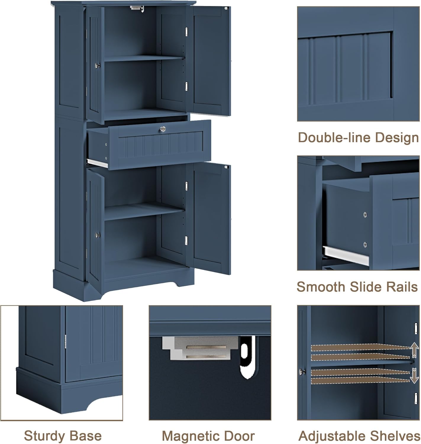 ChooChoo 51' H Tall Bathroom Floor Cabinet, Modern Bathroom Storage Cabinet with Drawer and Adjustable Shelves, Freestanding Kitchen Pantry Cupboard with 4 Doors for Living Room, Blue