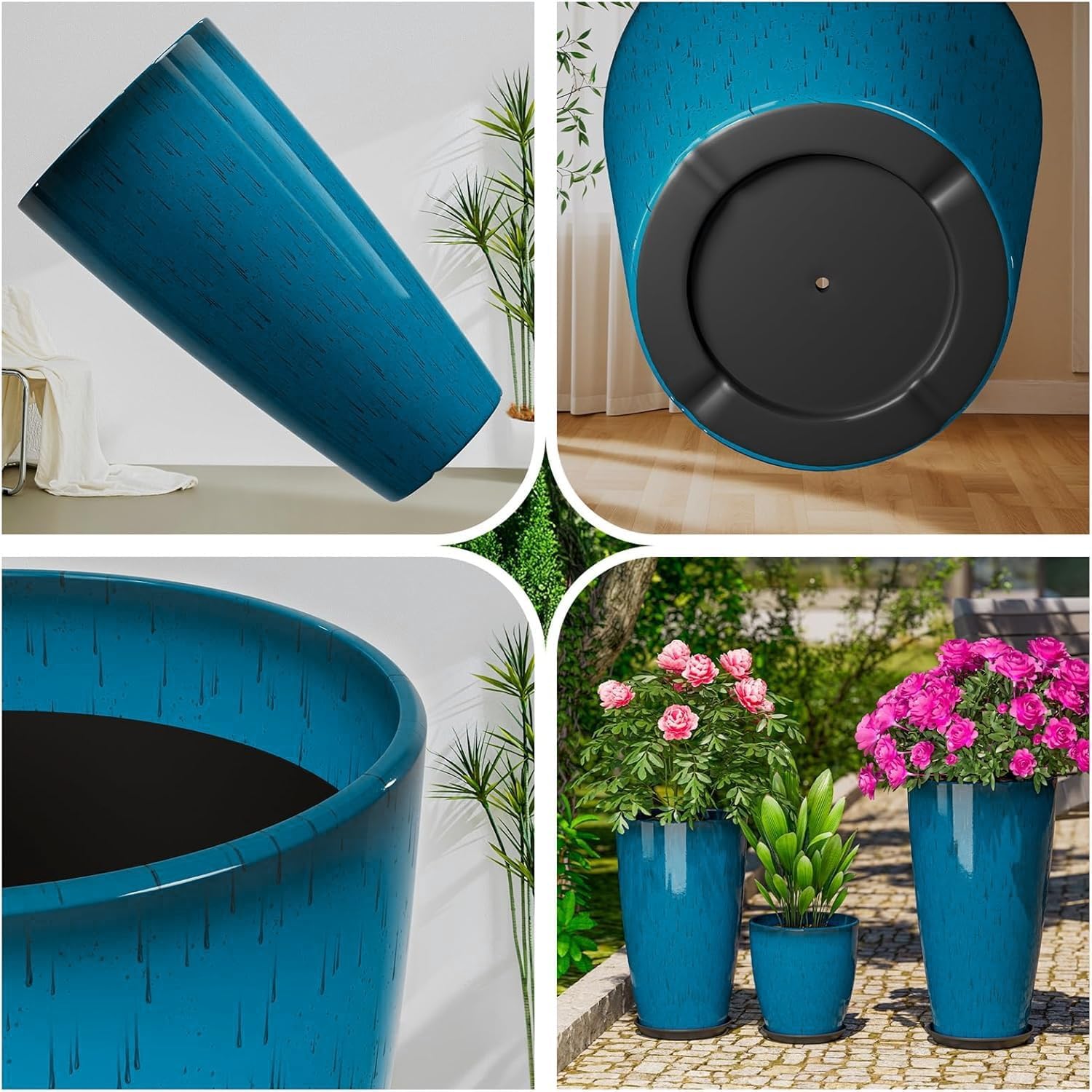 QCQHDU 24,21,11 inch Large Planters with Drainage Hole & Saucer, Set of 3 Plant Pots Tall Planter for Indoor & Outdoor Plants Home Modern Decor
