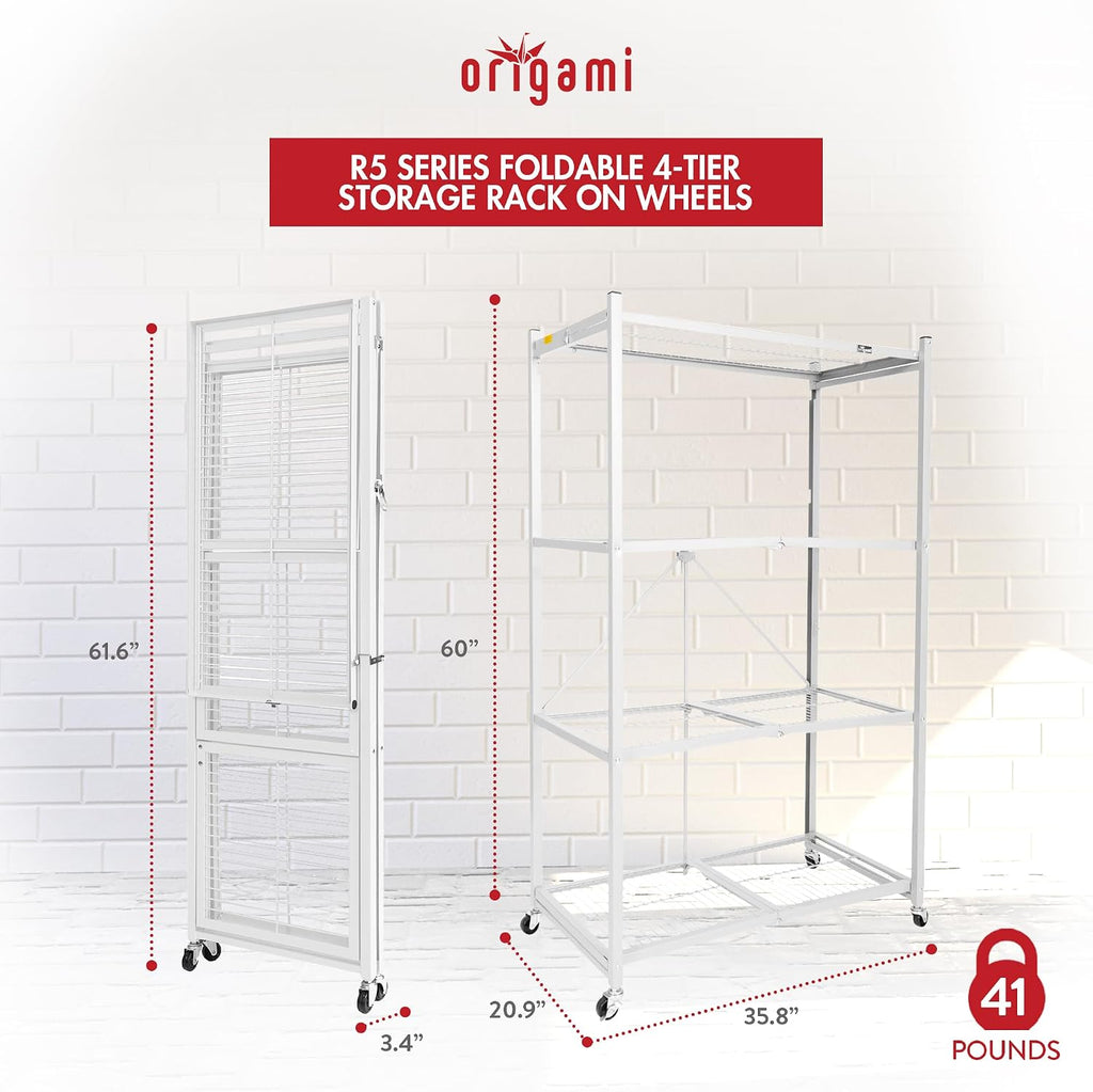 Origami 4-Pack R5 Storage Rack, 4-Tier Heavy-Duty Foldable Steel Shelf with Wheels, White