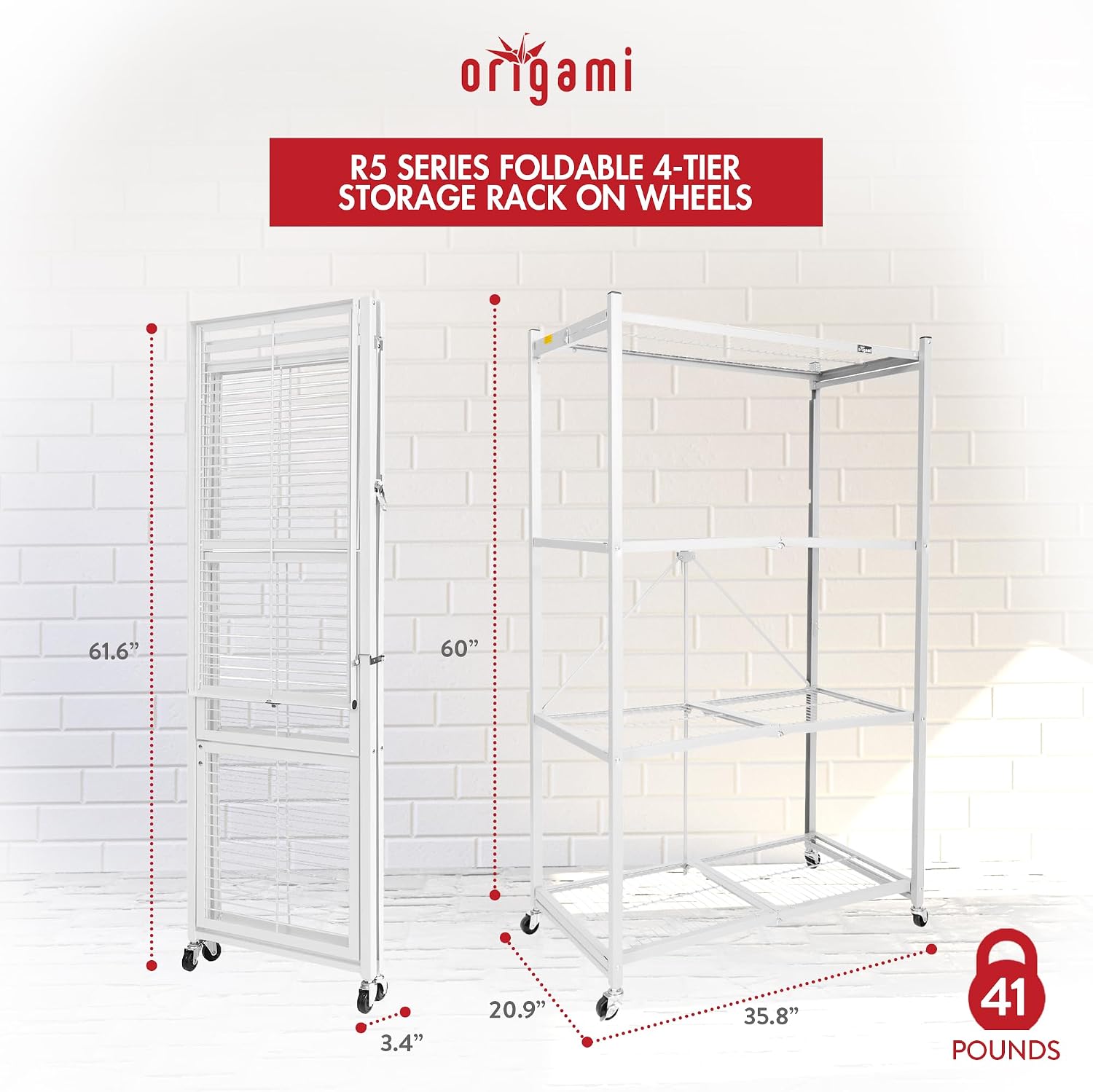 Origami 4-Pack R5 Storage Rack, 4-Tier Heavy-Duty Foldable Steel Shelf with Wheels, White