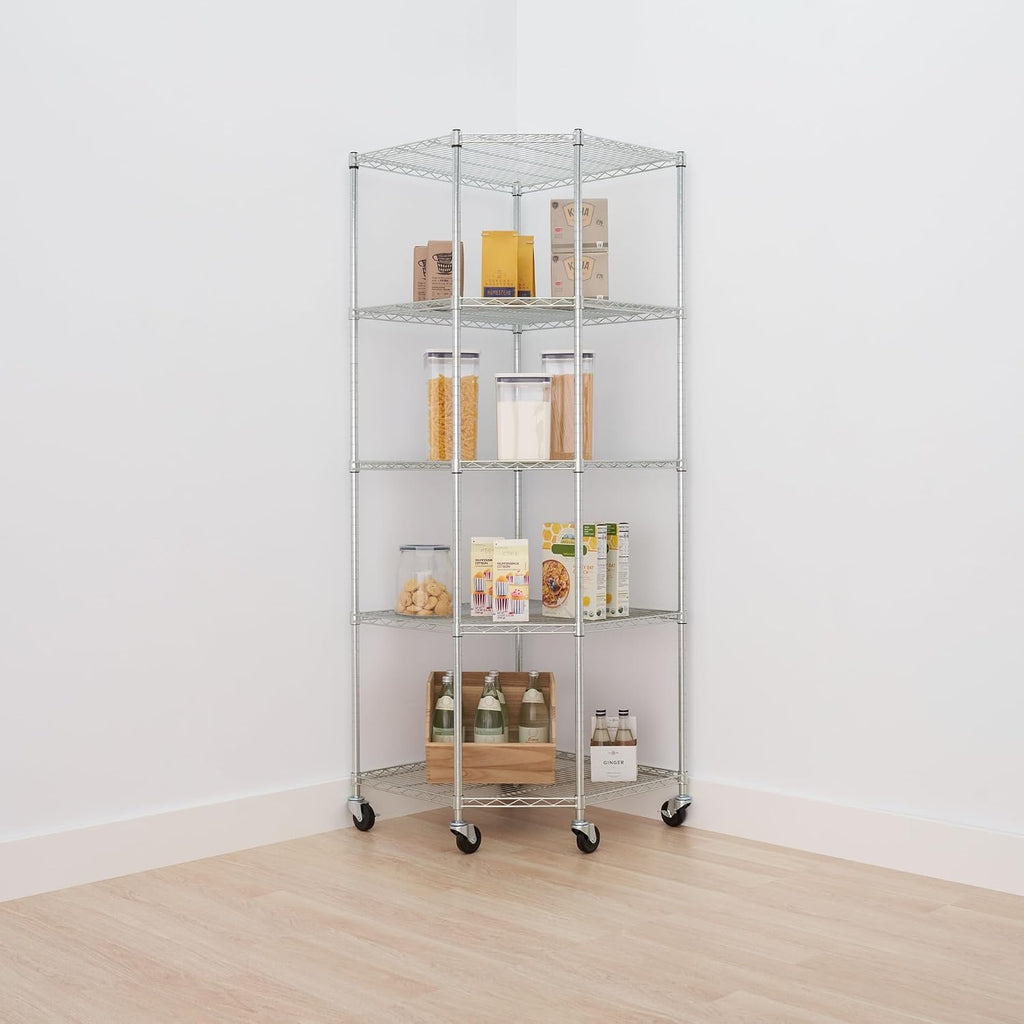 5-Tier Adjustable Wire Shelving with Wheels, Corner Wire Shelf Rack for Kitchen Organization, Garage Storage, 400 to 2000lb Capacity, NSF Certified, 27'x27 x18'x72', EcoStorage Chrome