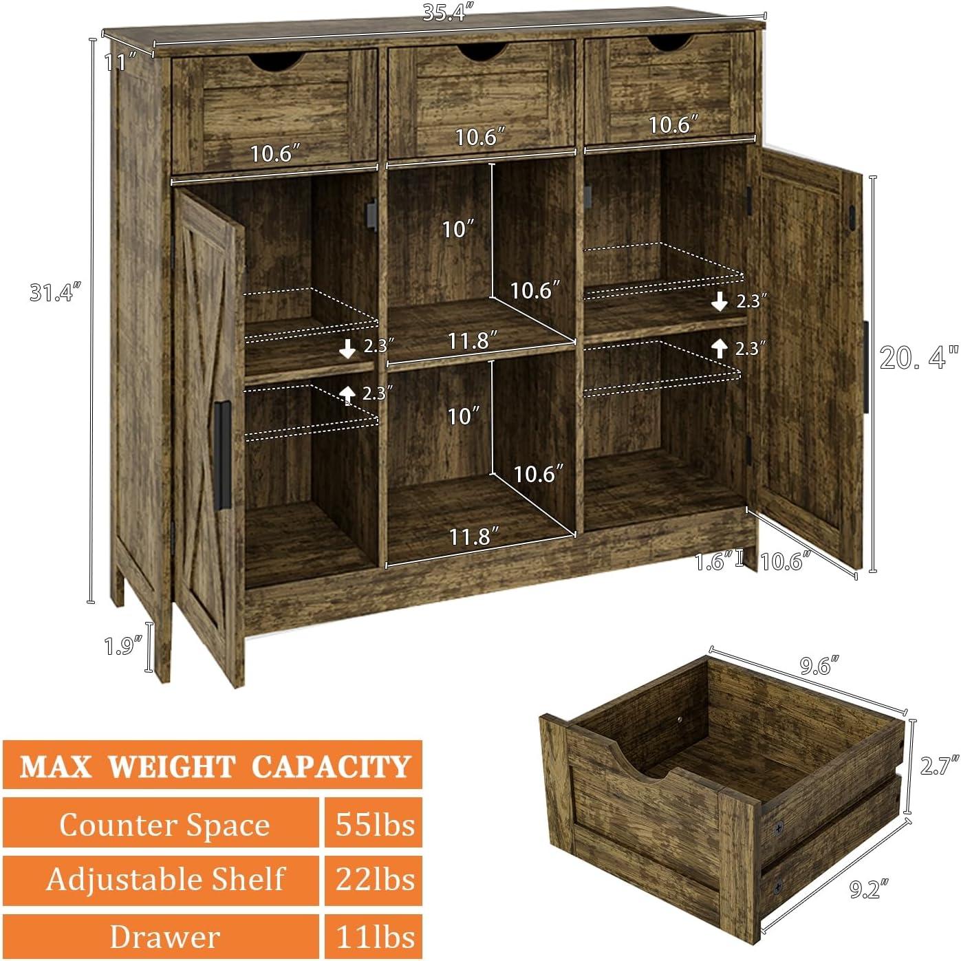 Viaozutis Storage Cabinet, Coffee Bar Cabinet with 2 Adjustable Shelves, 3 Drawers, and 2 Doors, for Bathroom, Kitchen, Living Room (Retro)