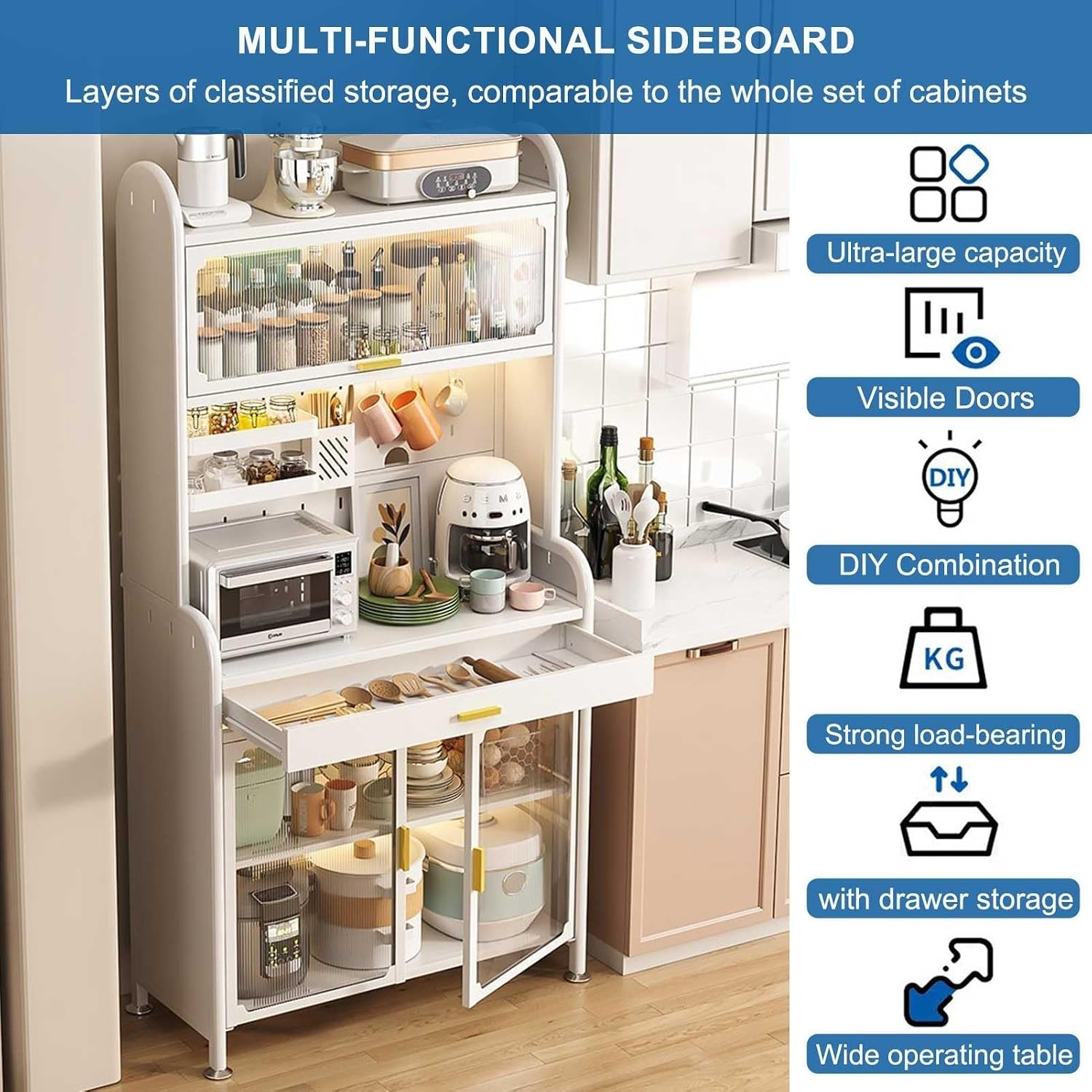 5-Tier Kitchen Bakers Rack with Drawer Coffee Cabinet Adjustable Shelf Pegboard Organizer Pantry Hutch for Home Kitchen Space Saver(147.5x80cm)