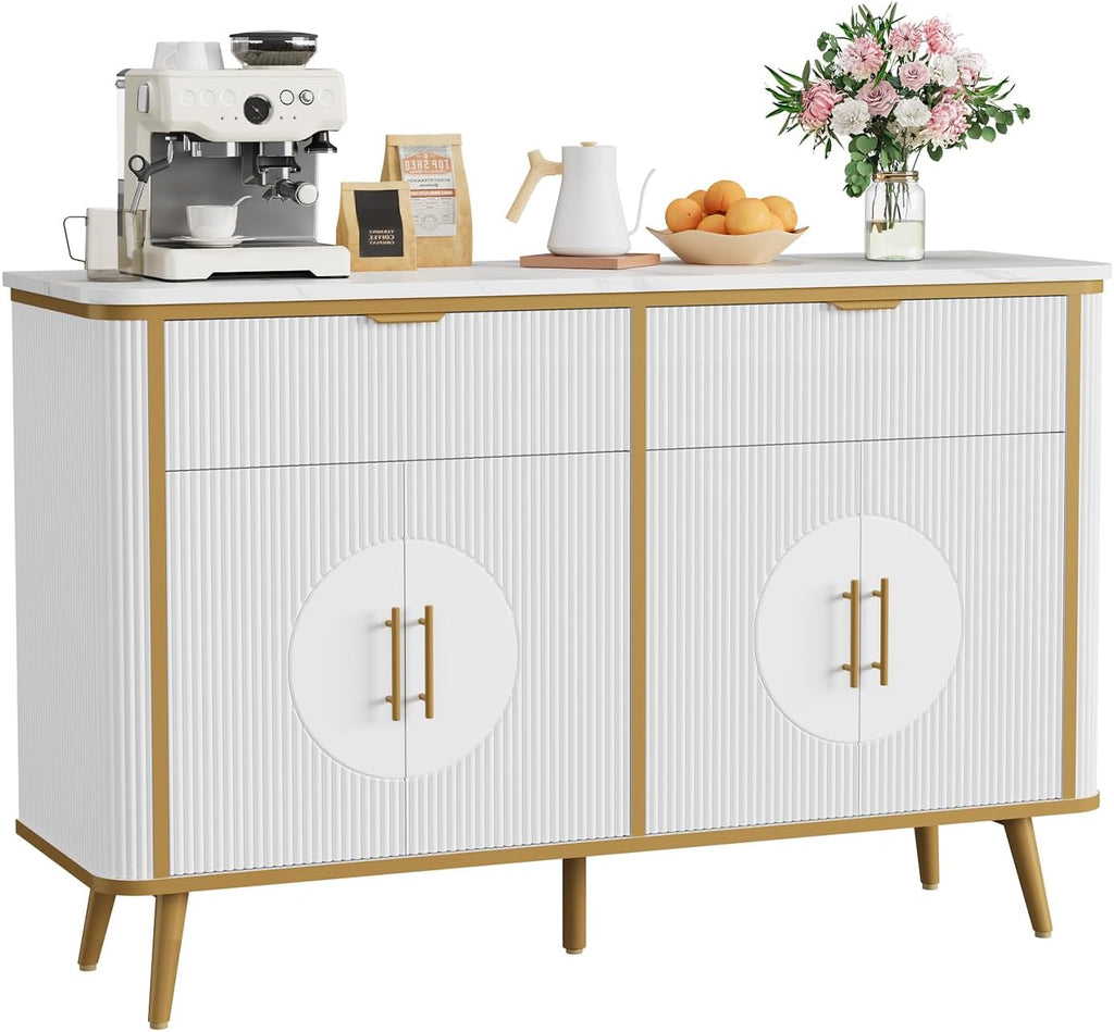 47.2' Buffet Storage Cabinet, Modern Fluted Coffee Bar Station with 2 Drawers & Adjustable Shelves, Kitchen Sideboard Buffet for Dining Room, Living Room, Hallway, White