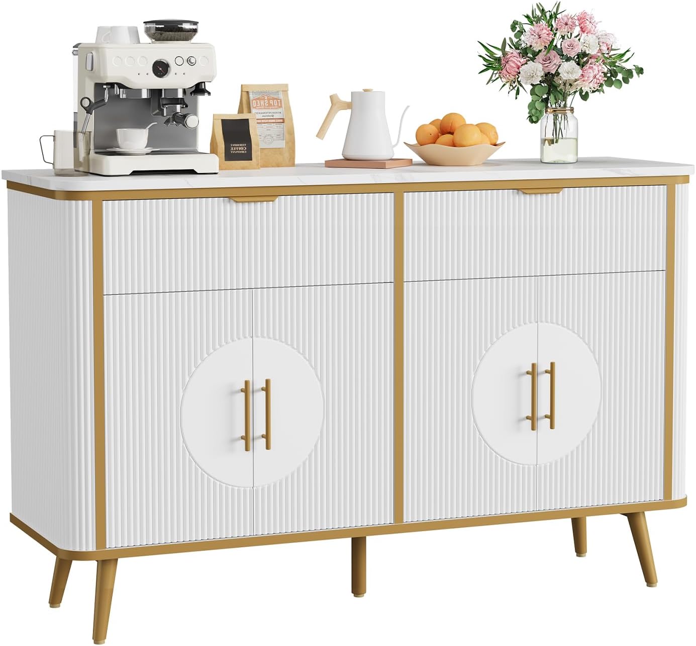 47.2' Buffet Storage Cabinet, Modern Fluted Coffee Bar Station with 2 Drawers & Adjustable Shelves, Kitchen Sideboard Buffet for Dining Room, Living Room, Hallway, White