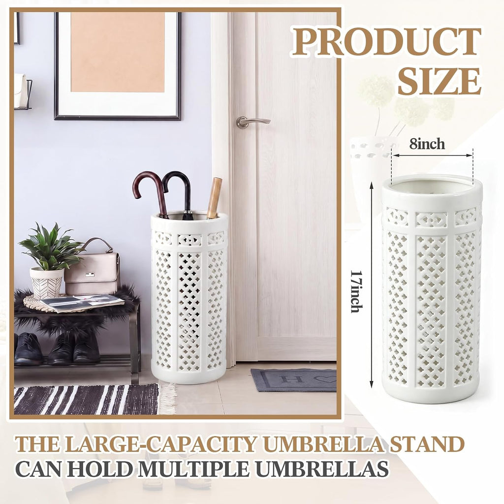 Sawysine White Ceramic Umbrella Stand with Hollow-out Design Heavy Porcelain Umbrella Holder for Entryway 17' Heavy Porcelain Holder for Umbrellas Canes Home Decor Walking Sticks