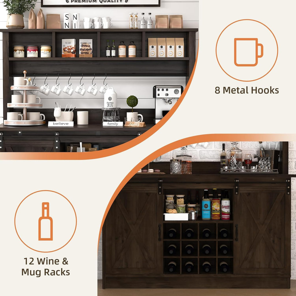 4ever2buy Farmhouse Coffee Bar Cabinet with Storage Hutch, 55' Wine Bar with 12 Wine Racks and 8 Hooks, Coffee Station with 4 Open Shelves and Sliding Barn Doors for Kitchen, Dining Room, Dark Oak
