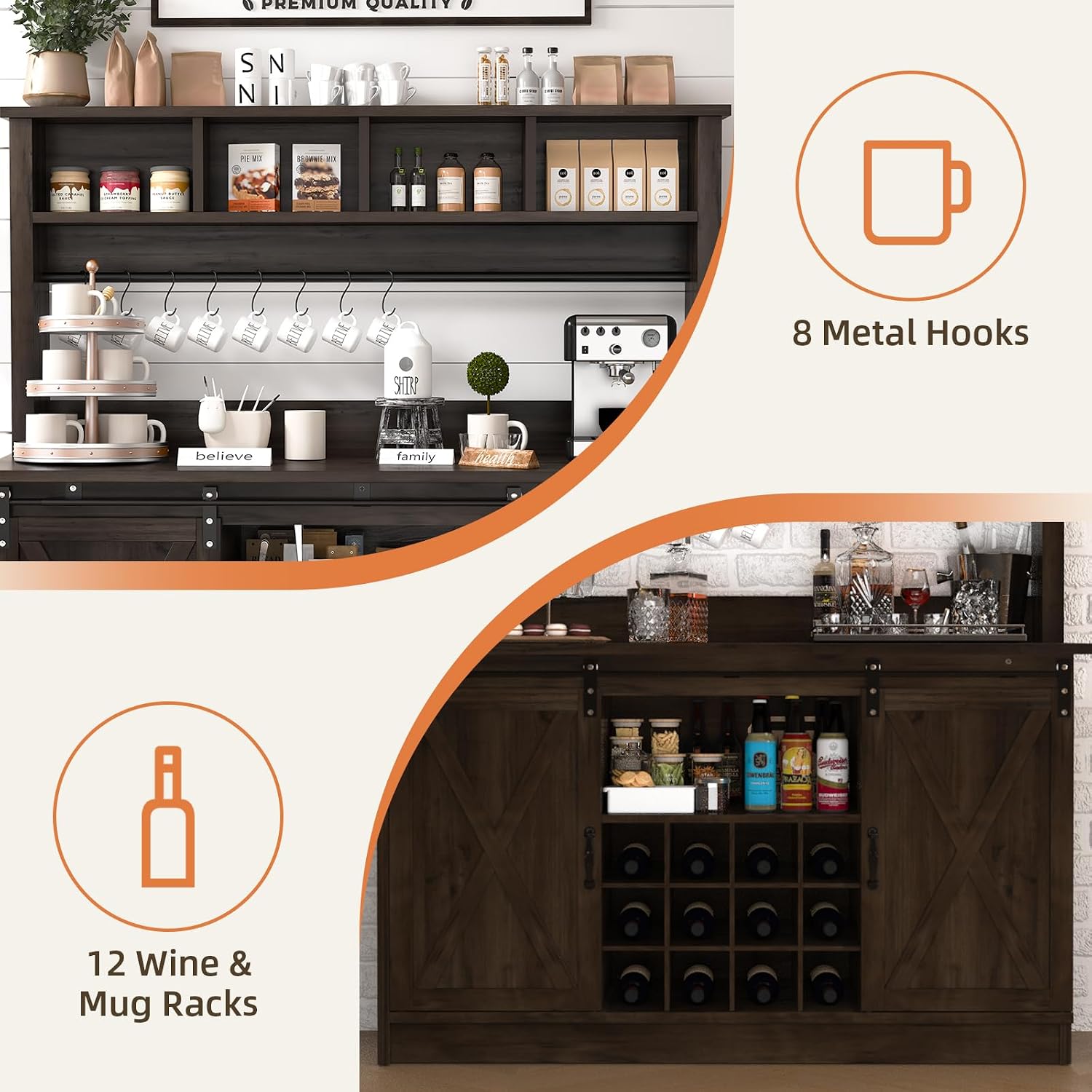 4ever2buy Farmhouse Coffee Bar Cabinet with Storage Hutch, 55' Wine Bar with 12 Wine Racks and 8 Hooks, Coffee Station with 4 Open Shelves and Sliding Barn Doors for Kitchen, Dining Room, Dark Oak