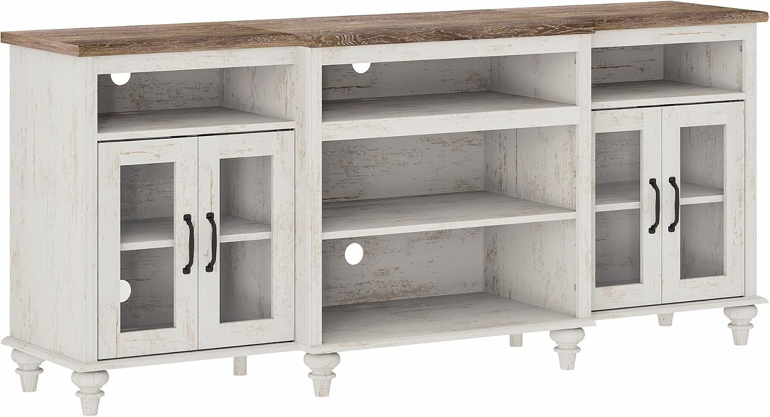WAMAPT Buffet Cabinet with 4 Glass Doors, Large Coffee Bar Tables Wood Kitchen Storage Cabinets with 9 Storages, Modern Farmhouse Sideboard Credenza, Rustic White, 70 inch