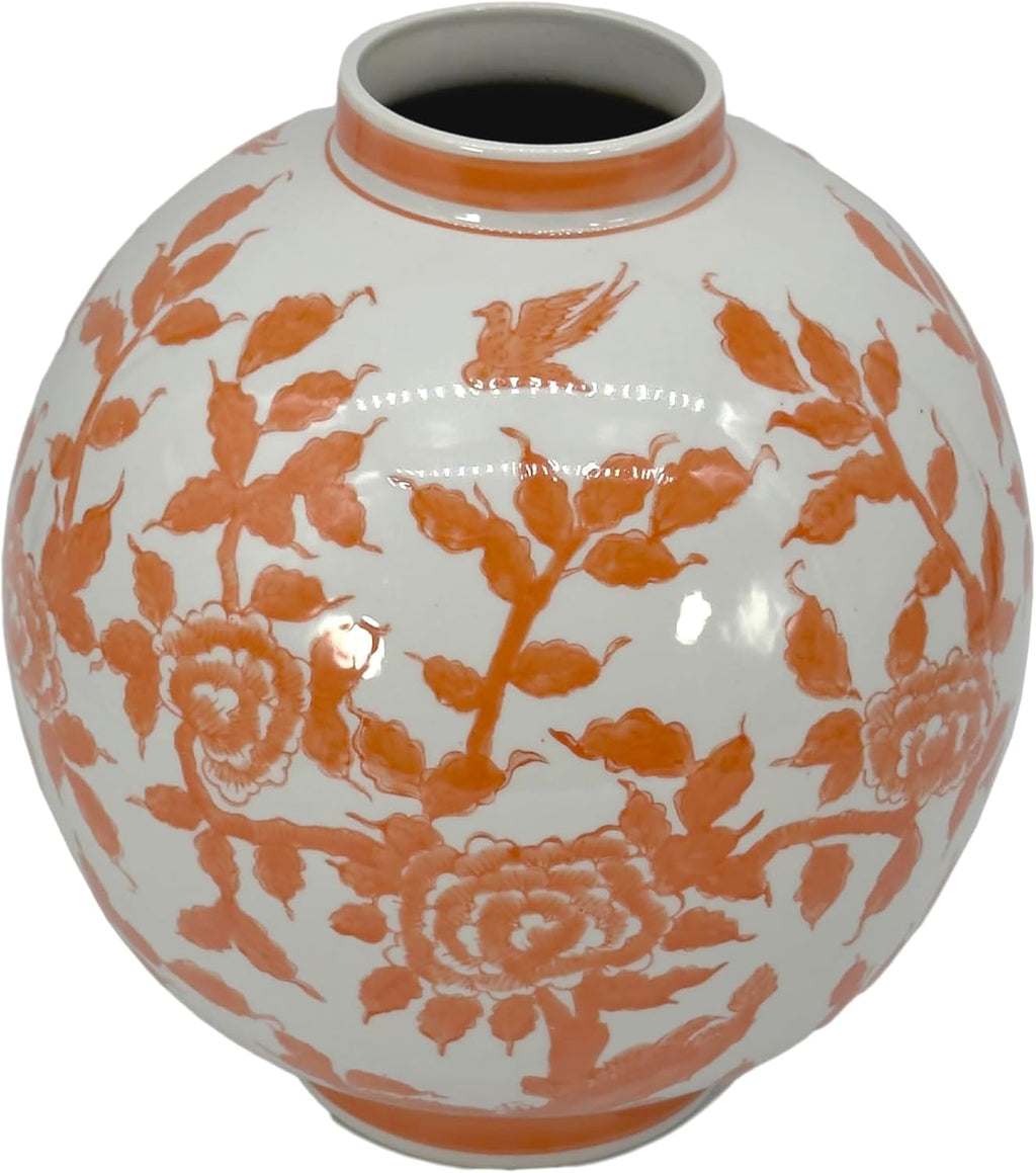 Galt International Orange & White Ceramic Floral Chinoiserie Globe Vase 12' Dia. - Round Bulb Shape Flower Vase Jar Classic Antique Home Decor