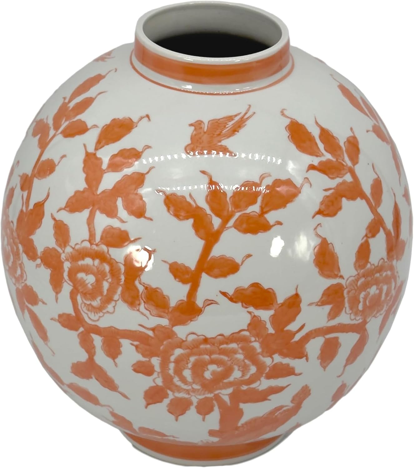 Galt International Orange & White Ceramic Floral Chinoiserie Globe Vase 12' Dia. - Round Bulb Shape Flower Vase Jar Classic Antique Home Decor