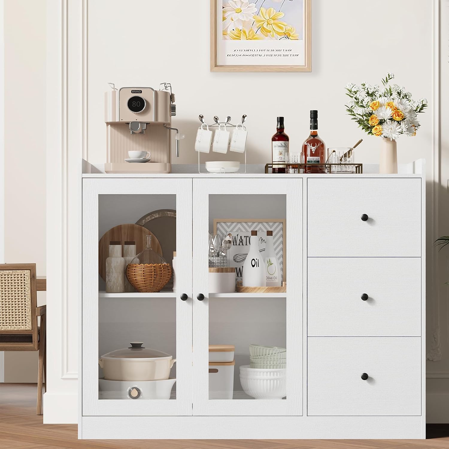 GarveeHome 35 in Kitchen Hutch Storage Cabinet, Coffee Bar Cabinet with 3 Drawers, Freestanding Food Pantry with Countertop for Living Dining Room (White, Low Cabinet)
