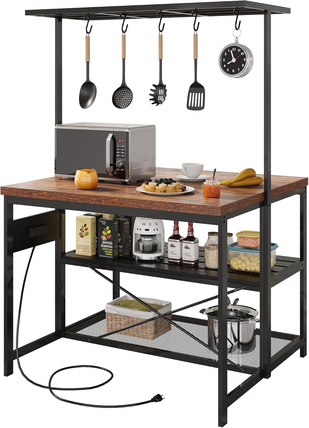 Garvee 47 in Kitchen Island with Power Outlets - Mobile Bakers Rack with 3 Shelves, Microwave Stand & 5 Hooks, 400 LB Capacity (Brown)