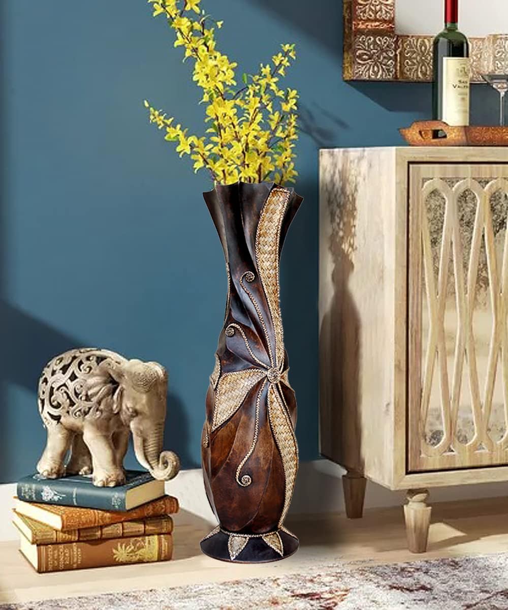 Tall Floor Vase, 24'' Designed Handcrafted Wood Decorative Large Brown Vases with Weaving Bamboo Strips, Wide Mouth Opening Corner Vase for Living Room Home Decor, Pampas Grass, Hallway