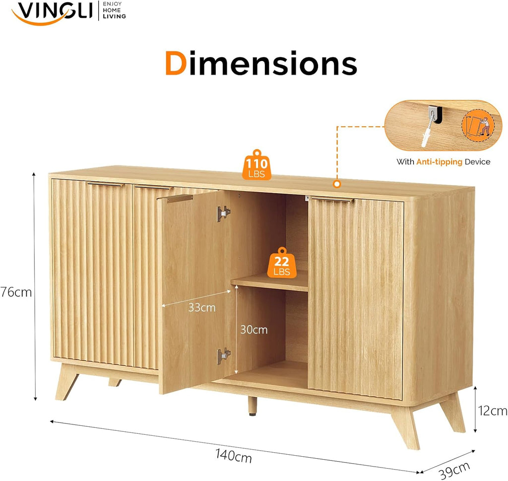 VINGLI 55' Buffet Cabinet with Storage, Fluted 4 Doors Sideboard Cabinet with Adjustable Shelves, Modern Storage Cabinet with Doors for Kitchen, Dining Room & Living Room, Natural Oak