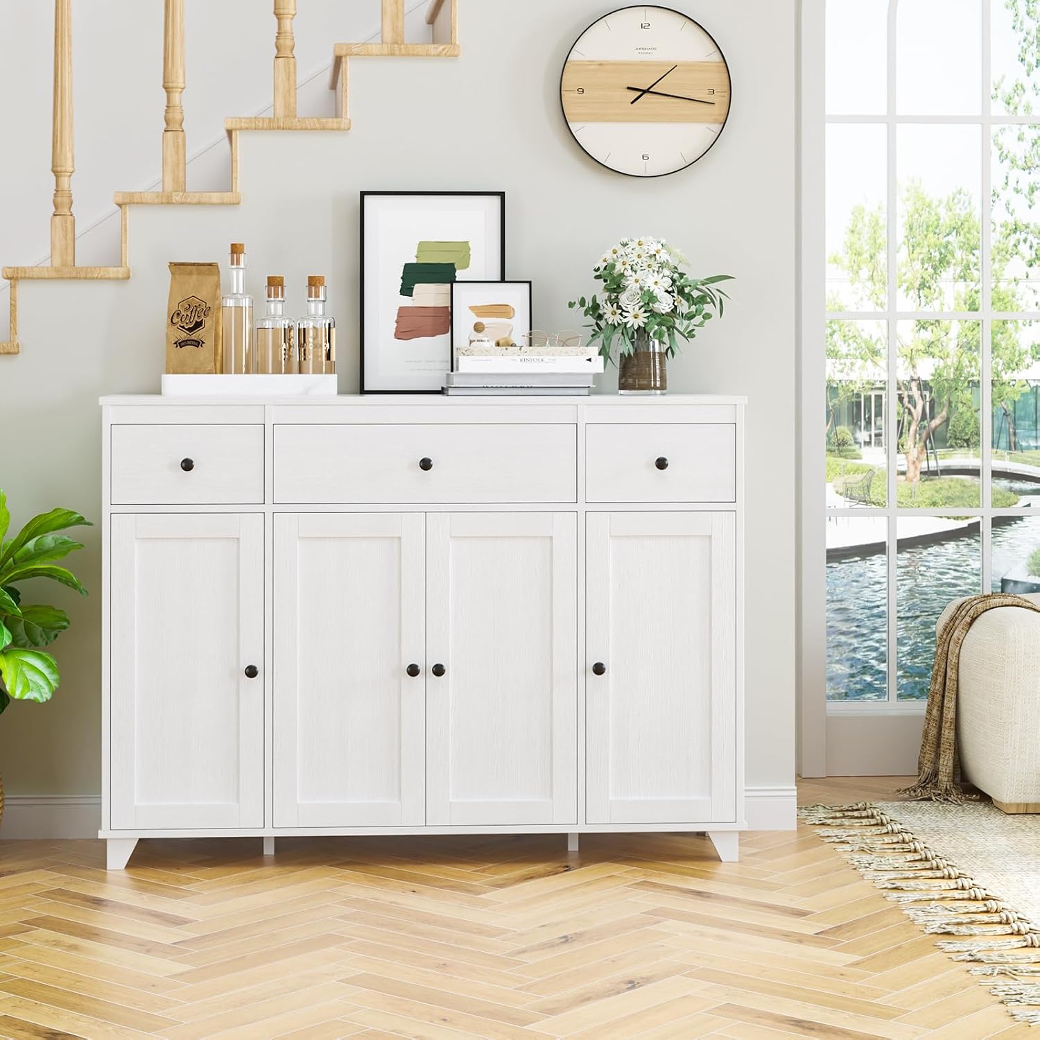 HIFIT Buffet Cabinet White Sideboard Storage Cabinet with 3 Drawers & 4 Doors Adjustable Shelves, 47' Modern Coffee Bar Cabinet, Wood Accent Cabinet for Kitchen Cupboard Dining Living Room