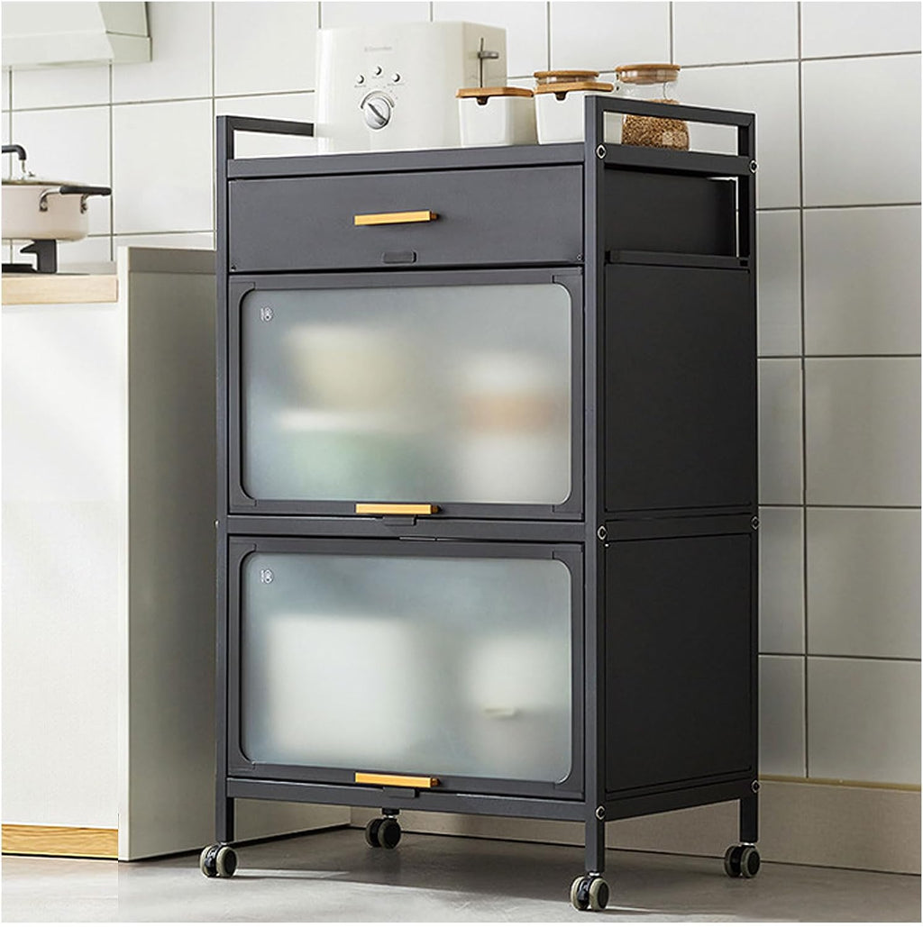 5-Tier Kitchen Storage Cabinet with Flip Doors, Mobile Microwave Stand with Brakeable Casters, Freestanding Kitchen Bakers Rack with Drawer, for Dining Room, Living Room,Black,60×102cm/23.6×40in