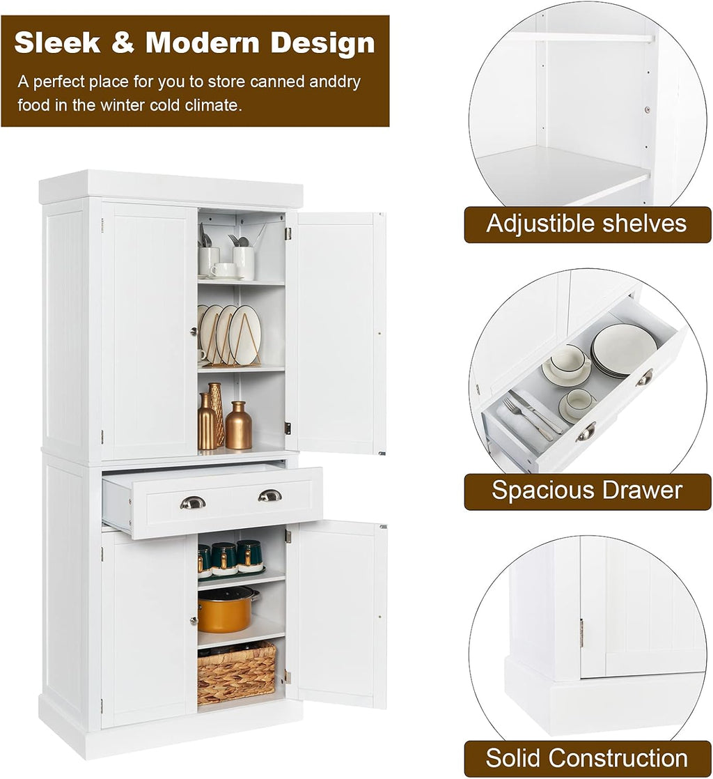 VINGLI 71-Inch White Storage Cabinets with Drawers, Freestanding Pantry Cabinets with Doors and Shelves Adjustable, Wood Farmhouse Kitchen Pantry Cupboard