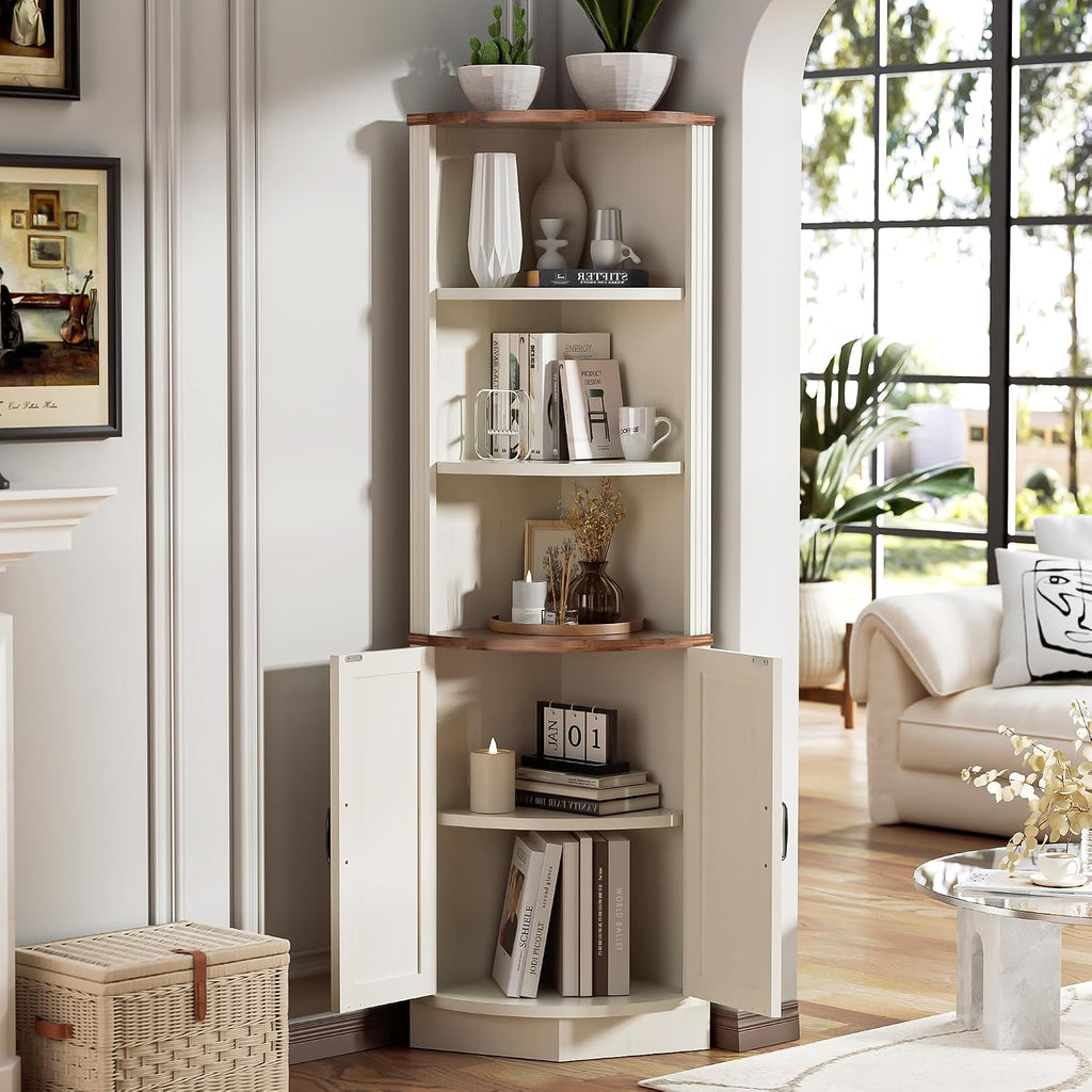 AHB 63' Tall Corner Cabinet Farmhouse Storage Cabinet with Doors and Shelves, Home Space Saver Corner Storage Shelf for Kitchen Living Room, Antique White
