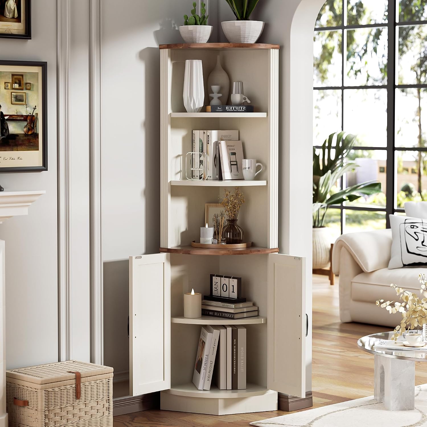 AHB 63' Tall Corner Cabinet Farmhouse Storage Cabinet with Doors and Shelves, Home Space Saver Corner Storage Shelf for Kitchen Living Room, Antique White