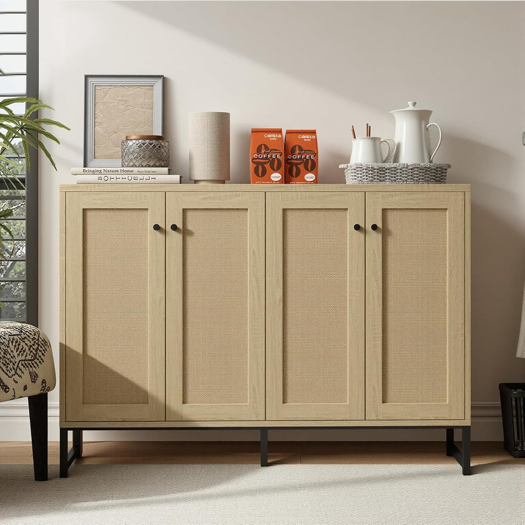Panana Sideboard Accent Storage Cabinet with Rattan Decorated 4 Doors Dining Room Freestanding Kitchen Buffet Table Cupboard (Natural)
