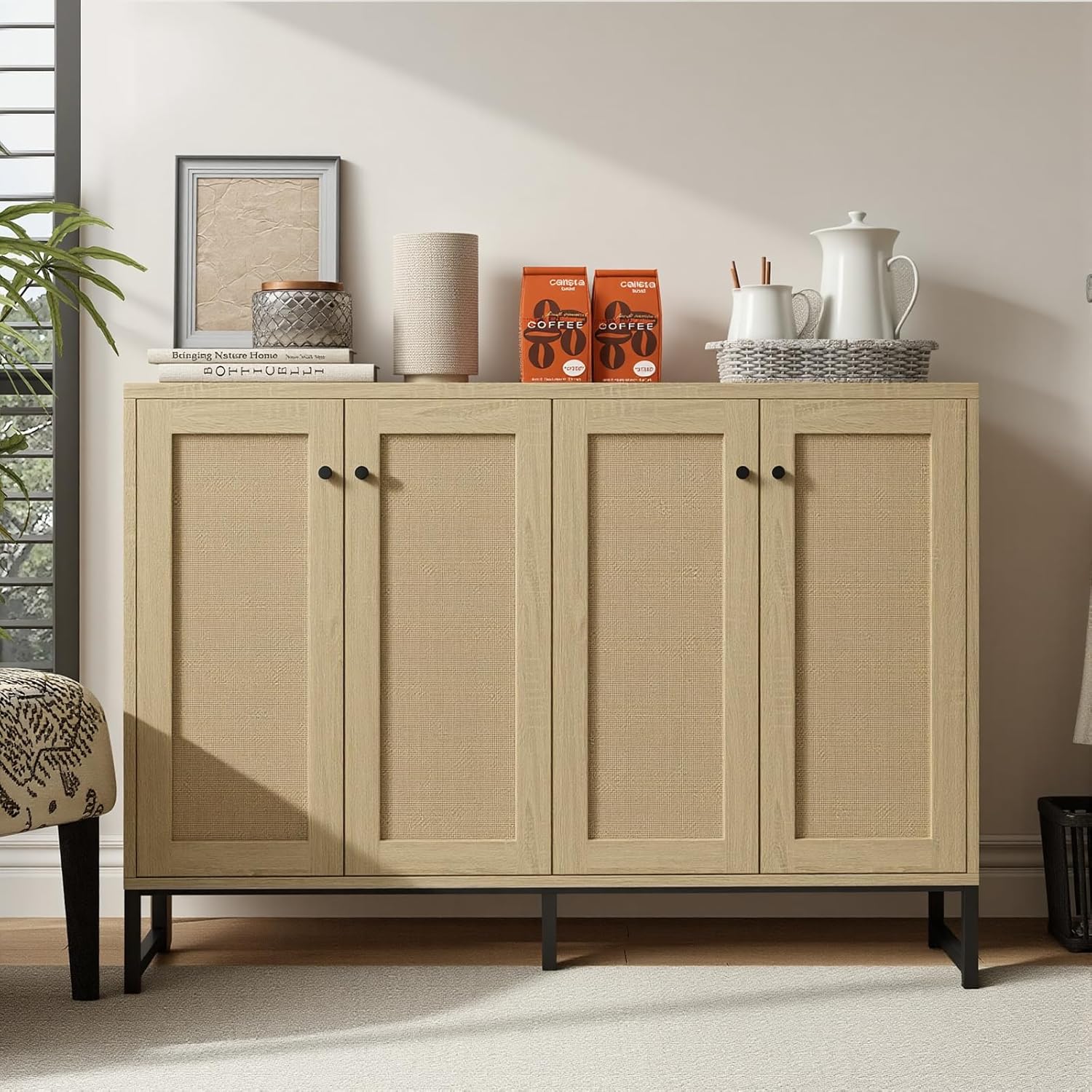 Panana Sideboard Accent Storage Cabinet with Rattan Decorated 4 Doors Dining Room Freestanding Kitchen Buffet Table Cupboard (Natural)