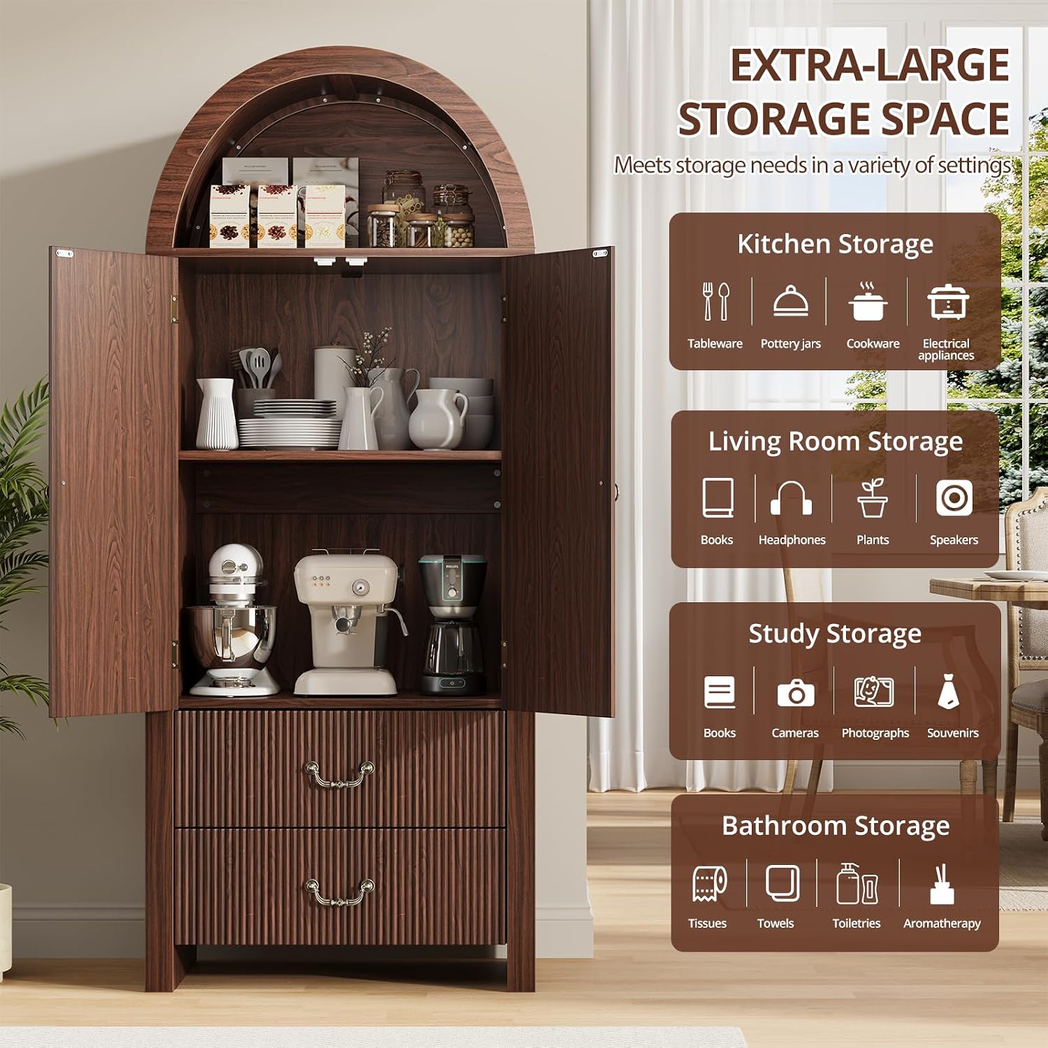 FURSUN 71' Tall Fluted Arched Bookshelf with Doors, Wood Pantry Storage Cabinet with 2 Large Drawers, Modern Versatile Bookcase for Living Room, Kitchen, Dining, Dark Walnut