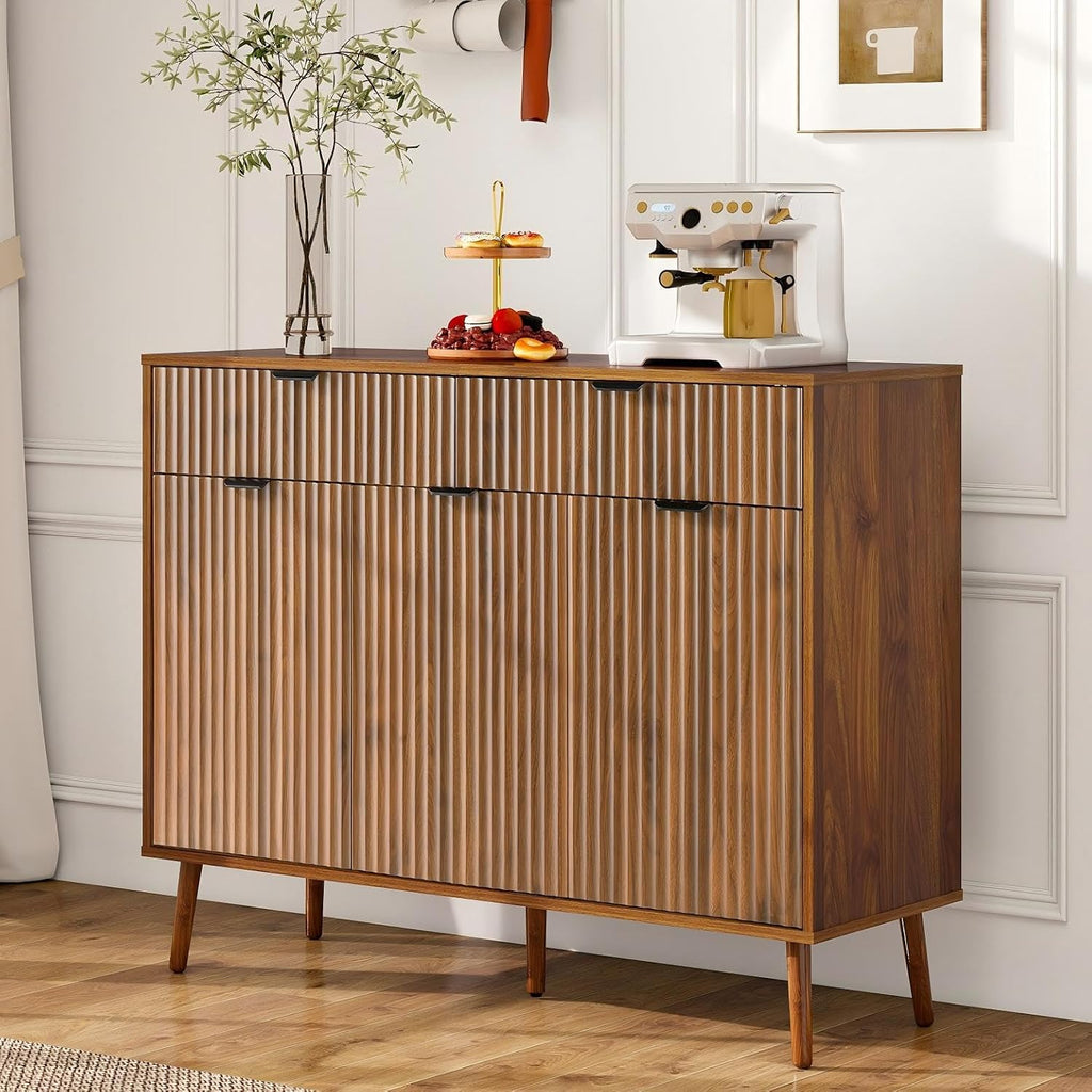 LYNCOHOME Fluted Sideboard Buffet Cabinet with Storage,2 Drawers and 3 Doors,Wood Coffee Bar Cabinet with Solid Wood Feet for Kitchen,Hallway
