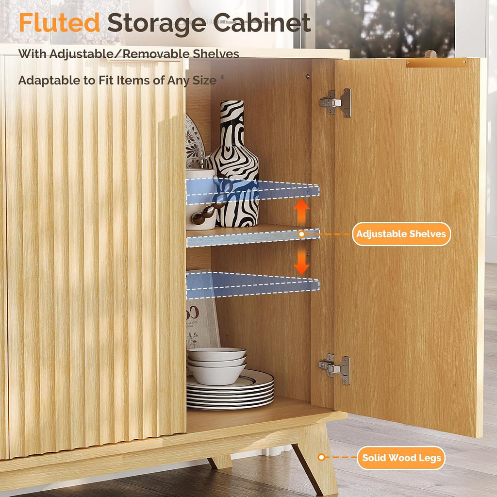 VINGLI 55' Buffet Cabinet with Storage, Fluted 4 Doors Sideboard Cabinet with Adjustable Shelves, Modern Storage Cabinet with Doors for Kitchen, Dining Room & Living Room, Natural Oak