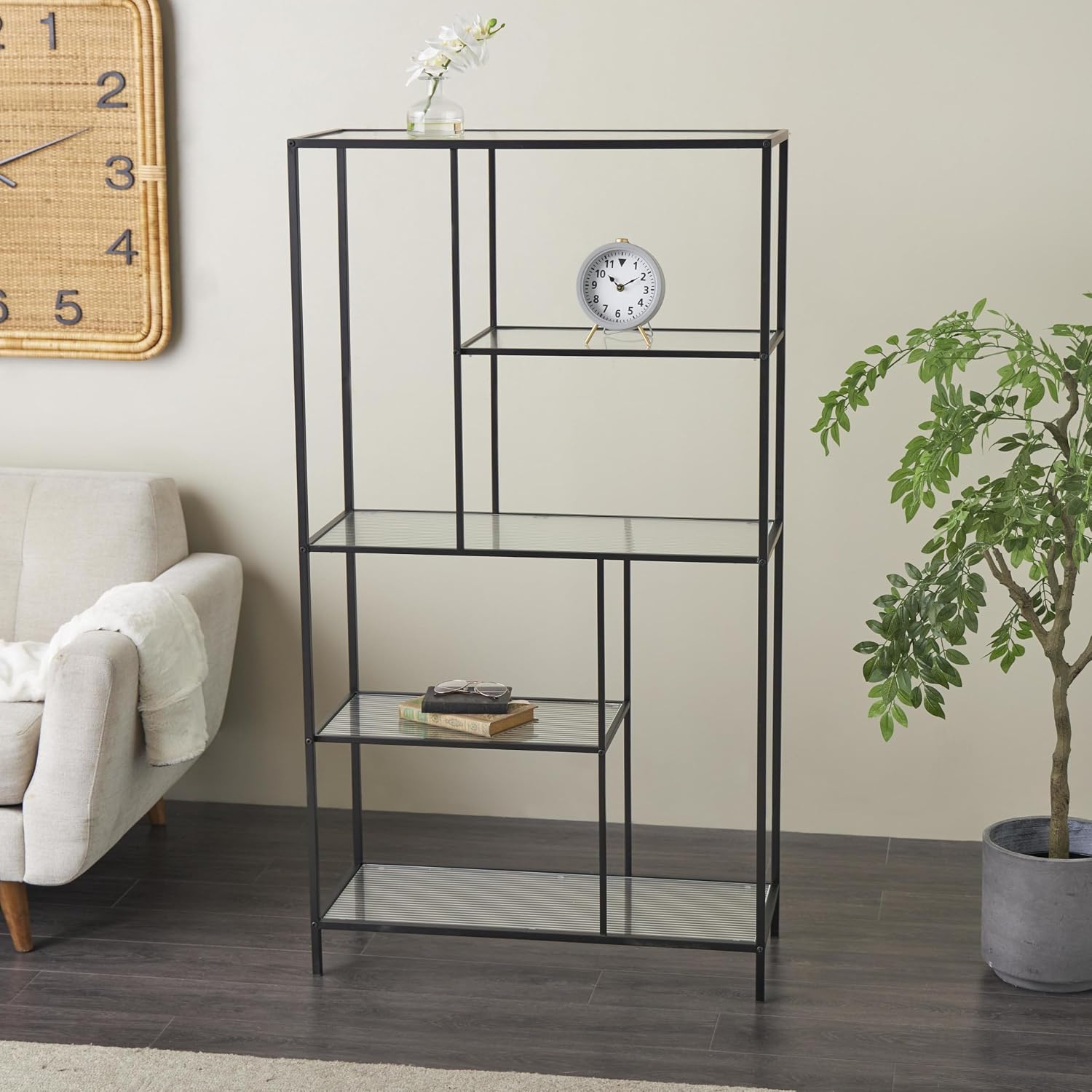 Deco 79 Metal 4 Shelf Shelving Unit with Clear Glass Shelves, 32' x 13' x 58', Black