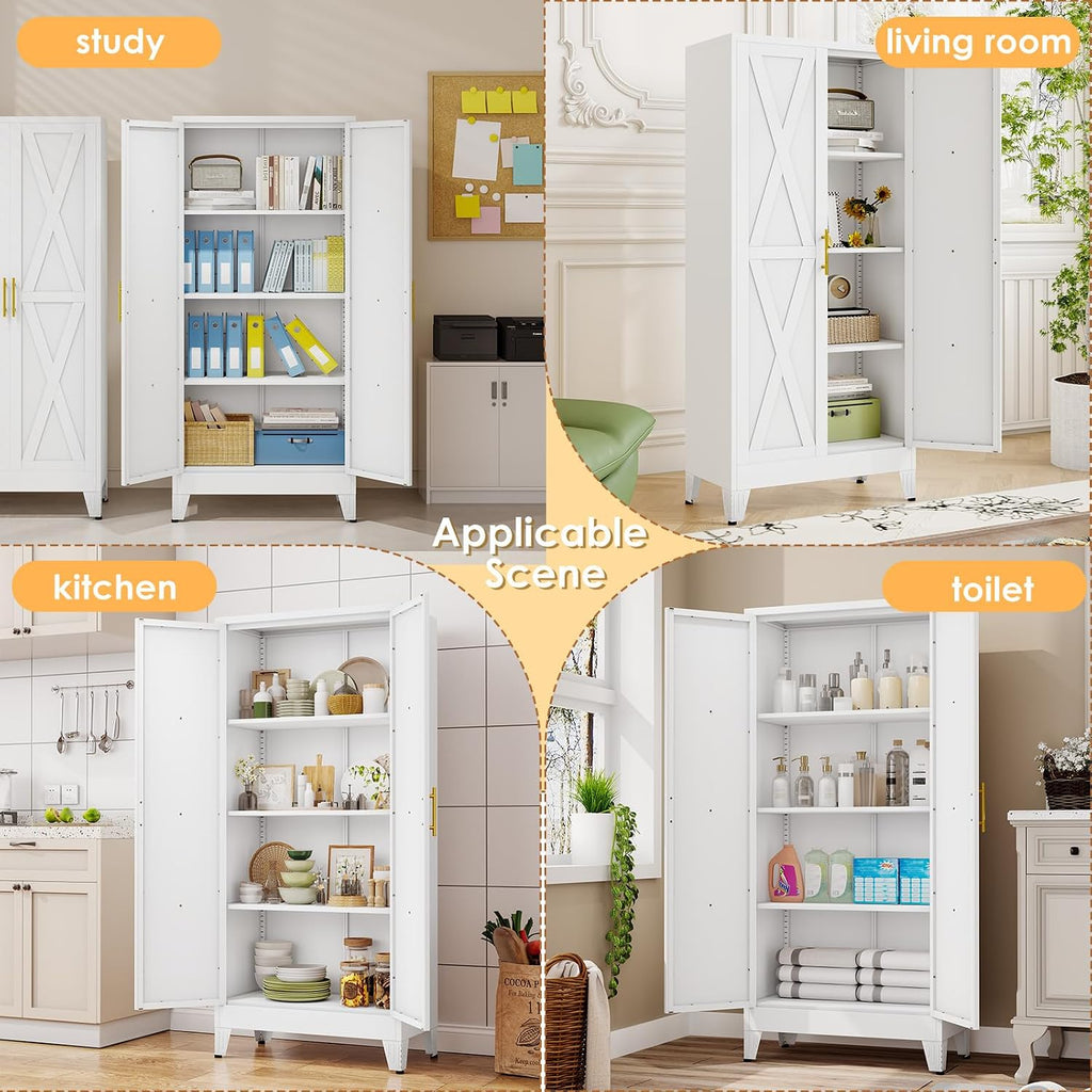 61' H Metal Kitchen Pantry Storage Cabinet, Freestanding Cupboard with 2 Doors and 3 Adjustable Shelves, Standing Storage for Kitchen, Bathroom, Garage, Dinning Room or Utility Room（White）